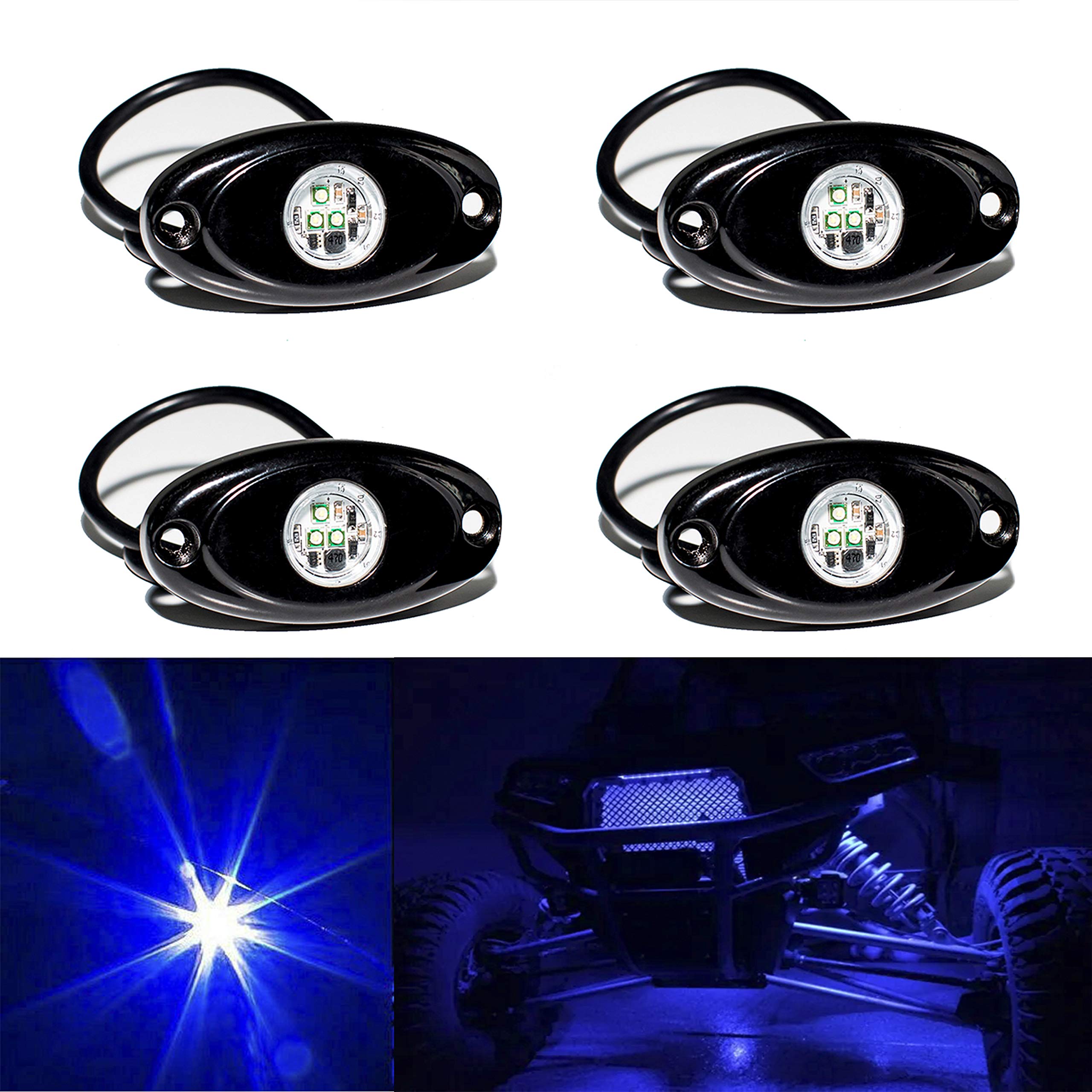 YONEDA LED Rock Lights - 4 Pods Waterproof Underbody Glow for Car/Truck/ATV - Blue, Model YD8801-BLUE, Aluminum Material