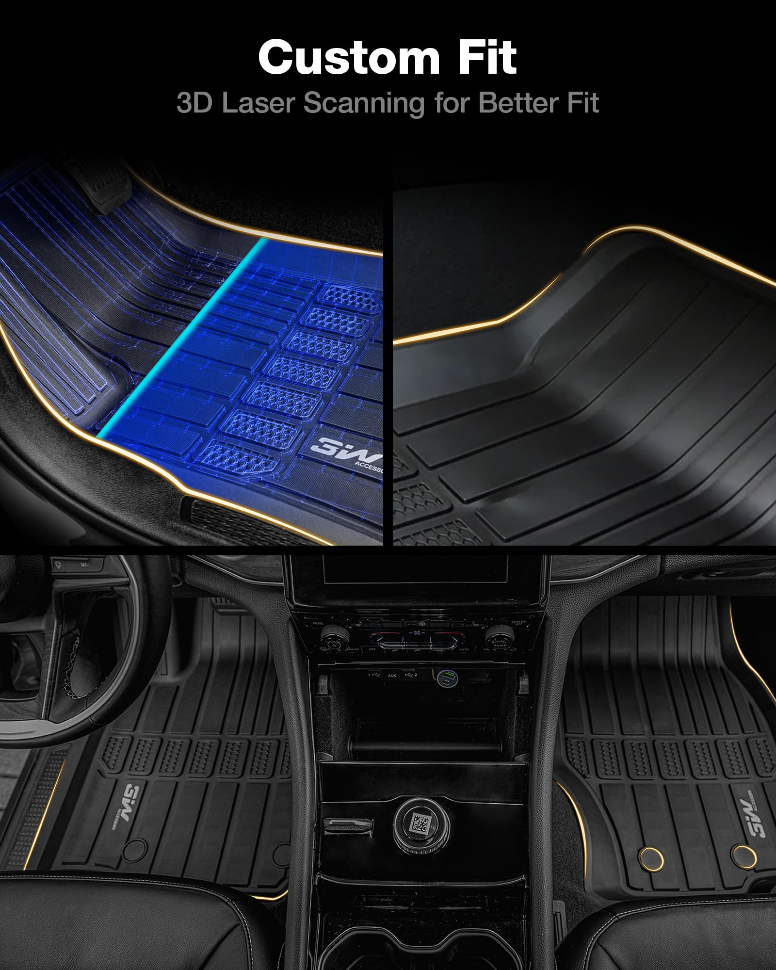 3W Jeep Cherokee 2015-2023 TPE Floor Mats Full Set, Black - 1st & 2nd Row Car Mats