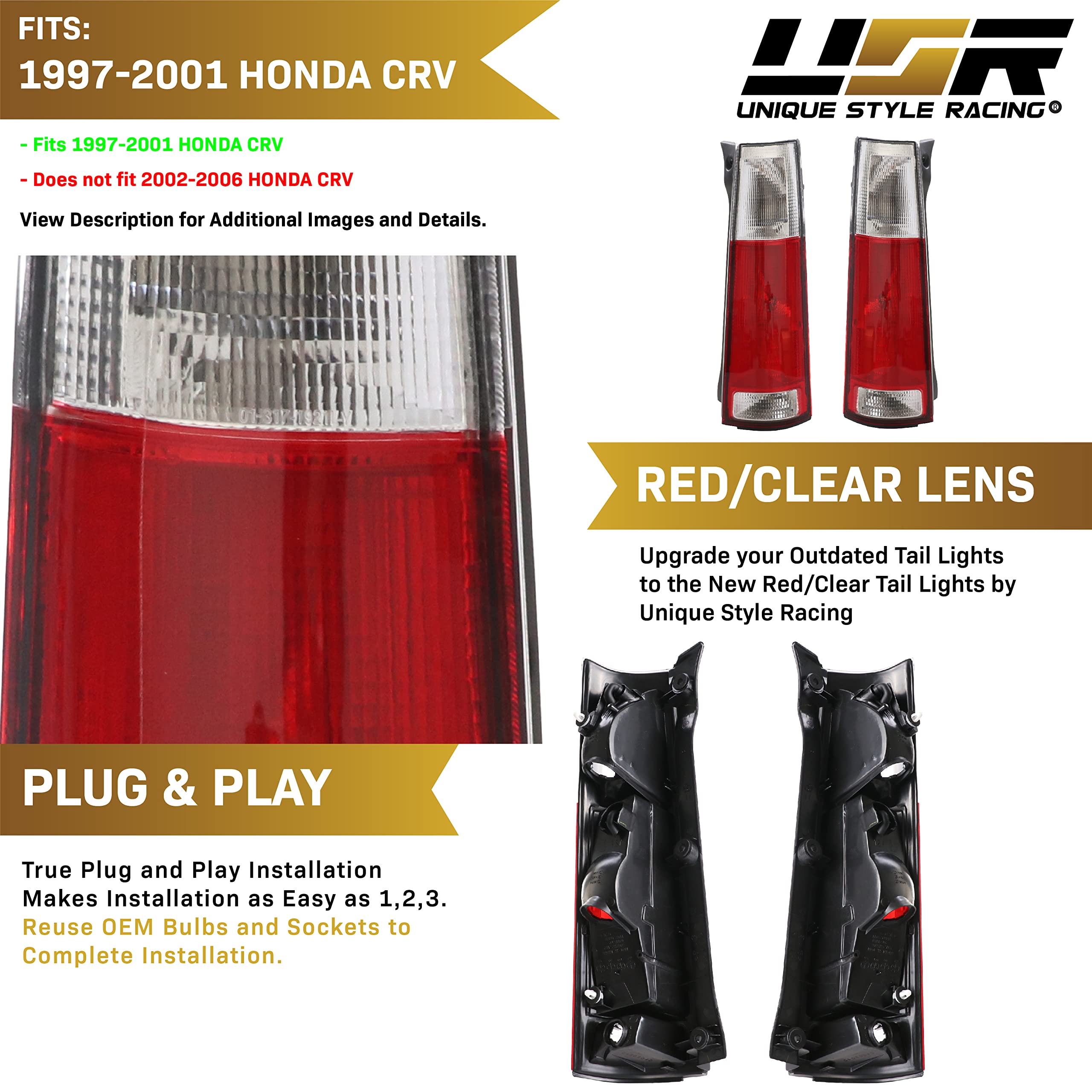 Usr Depo 97-01 Crv Tail Lights - Jdm Style Red/Clear Lens Rear Tail Lamps Set (Left + Right) Compatible With First Gen 1997-2001