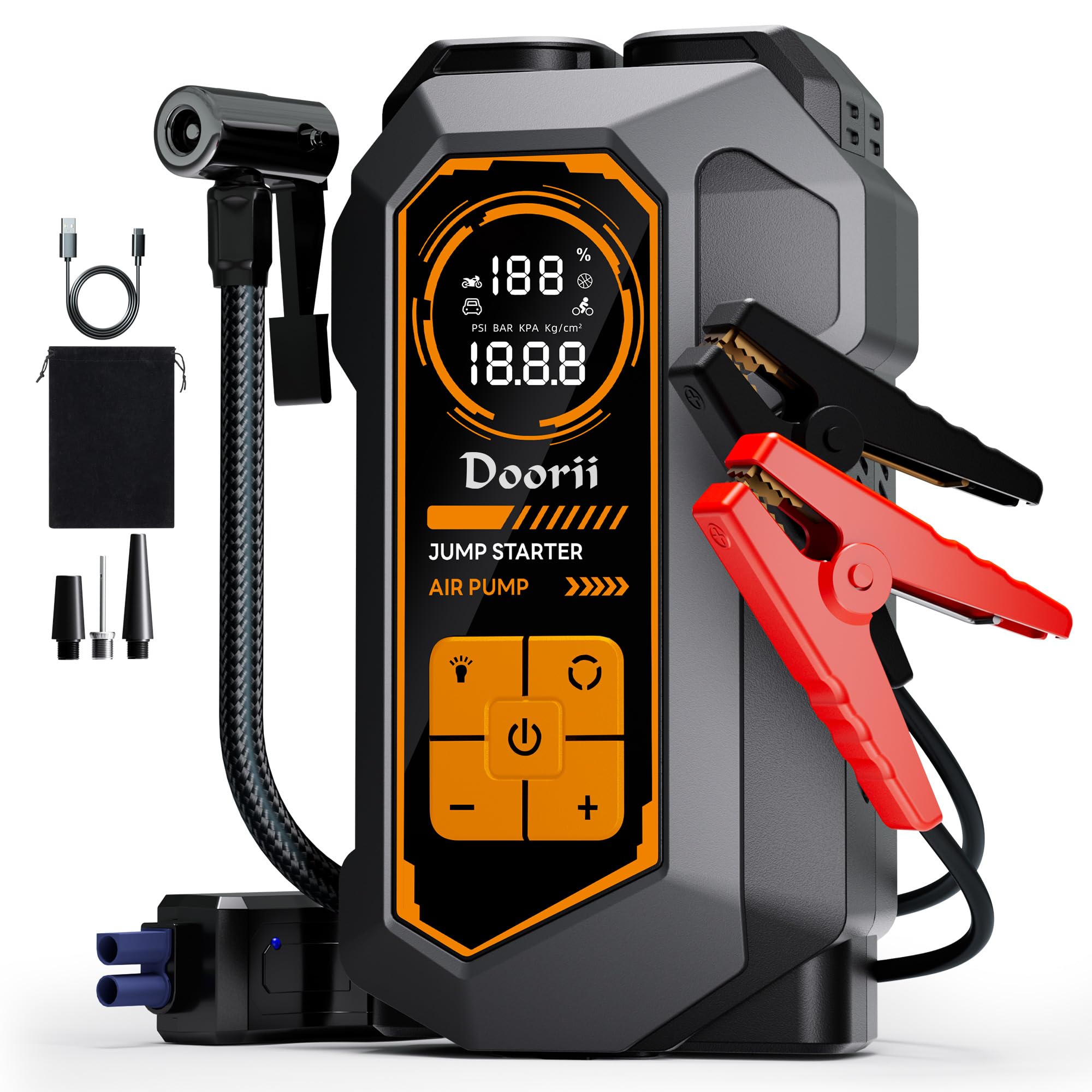 Doorii 6000A Jump Starter with Air Compressor, Car Jumper Starter Portable, 150PSI Tire Inflator/Air Pump, LED Flashlight for Up