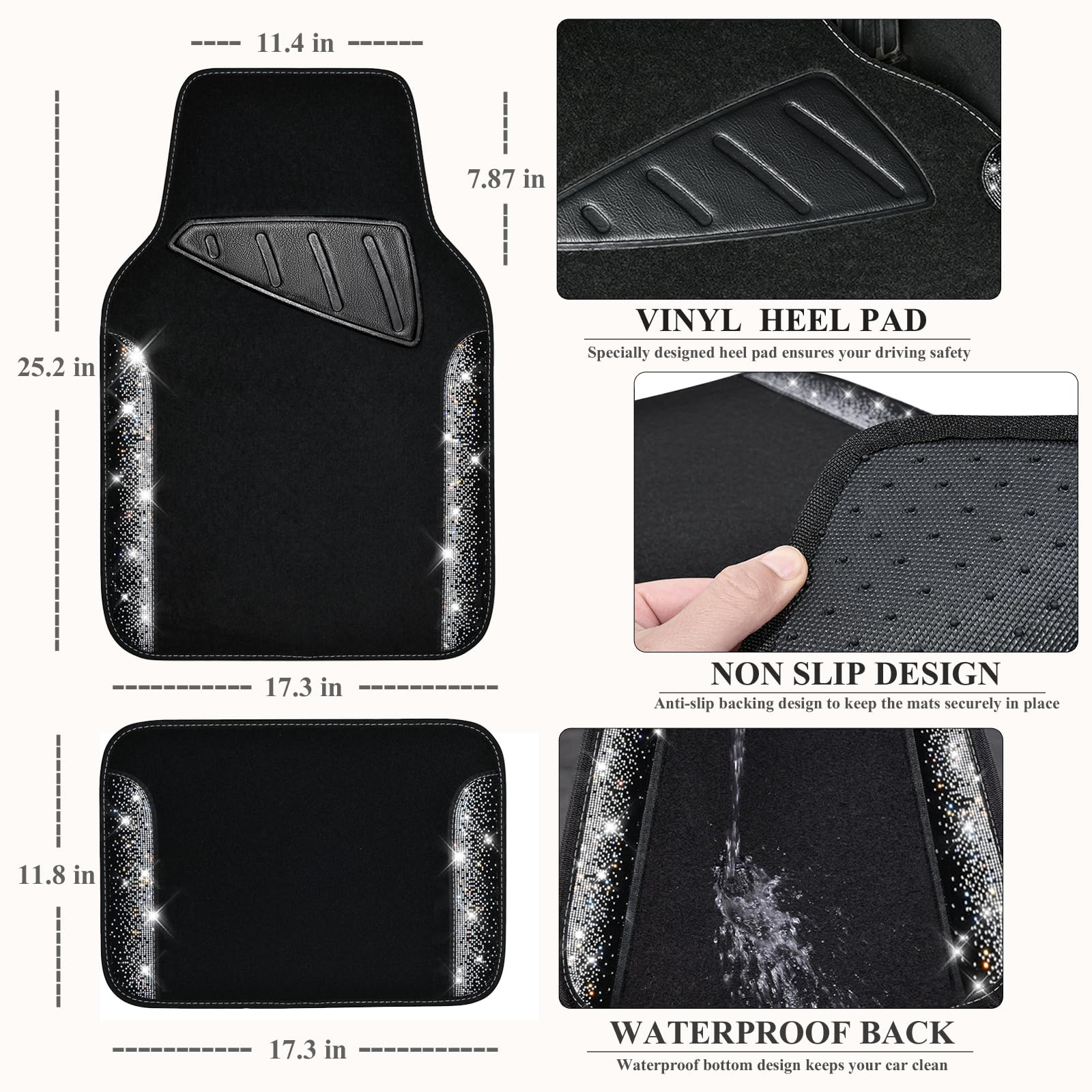Car Pass Bling Car Mats Shining Diamond Carpet Crystal Rhinestone Sparkly Glitter Floor Mats With Anti-Slip Pvc Pad Universal Fi