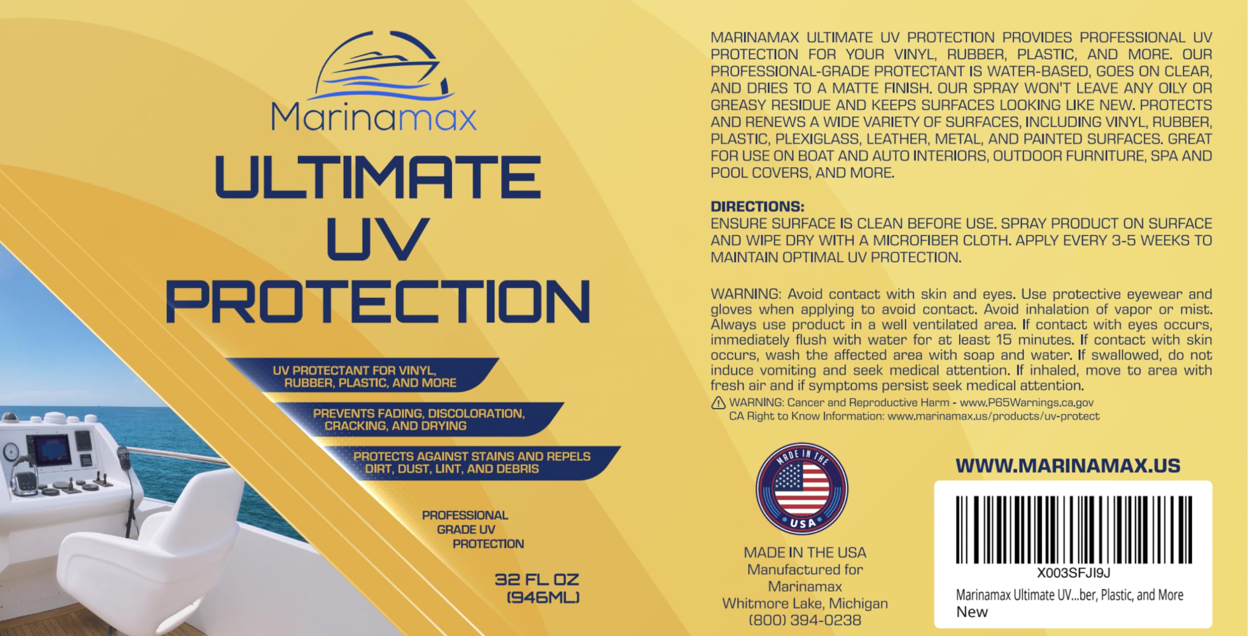 Marinamax Ultimate UV Protection Spray | 32 Oz Clear UV Protectant for Vinyl, Rubber, Plastic - Prevents Fading & Discoloration