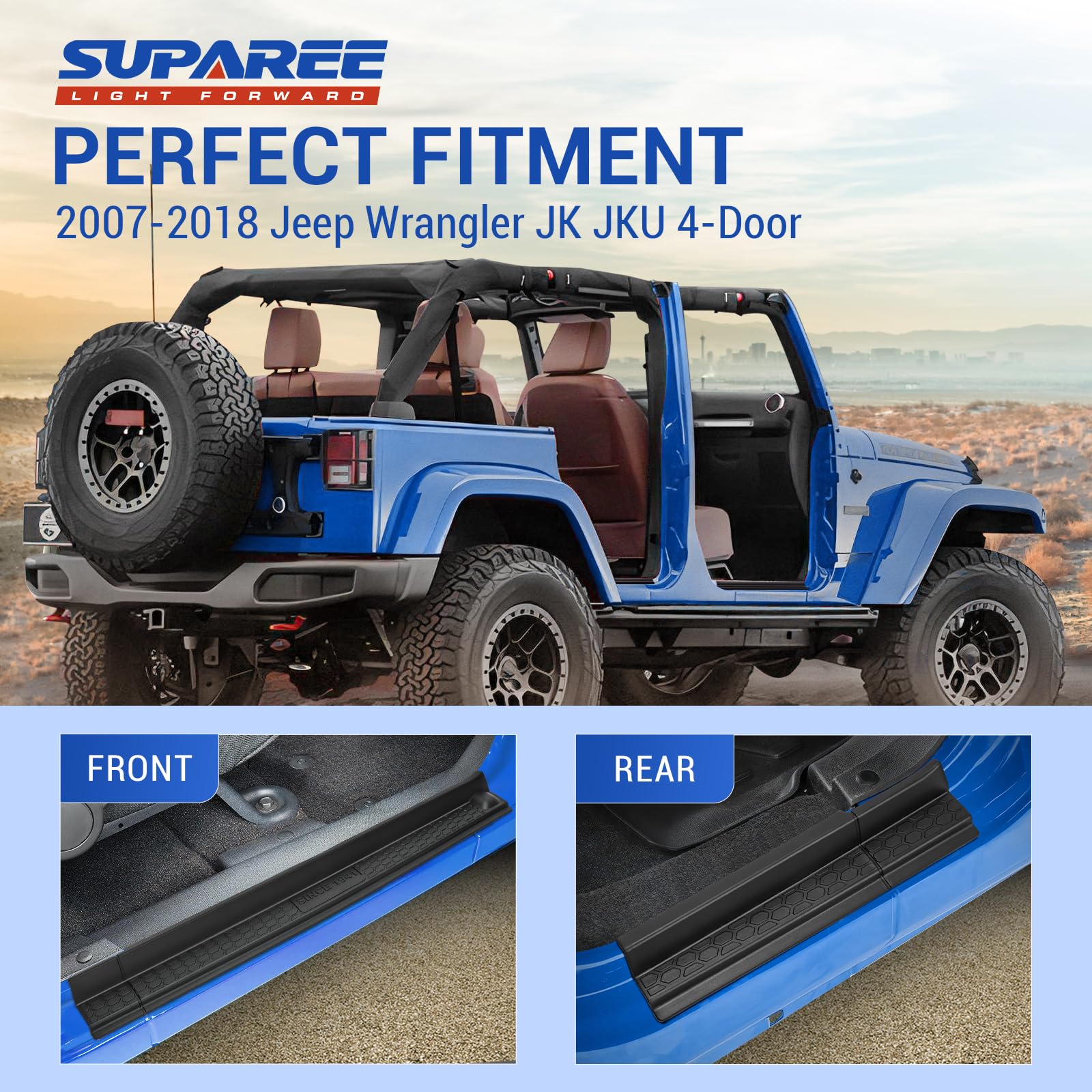 SUPAREE Door Sill Guards for Jeep Wrangler JKU 4-Door (2007-2018) - Black Rubber, Logo 1941, 4PCS Threshold Protection