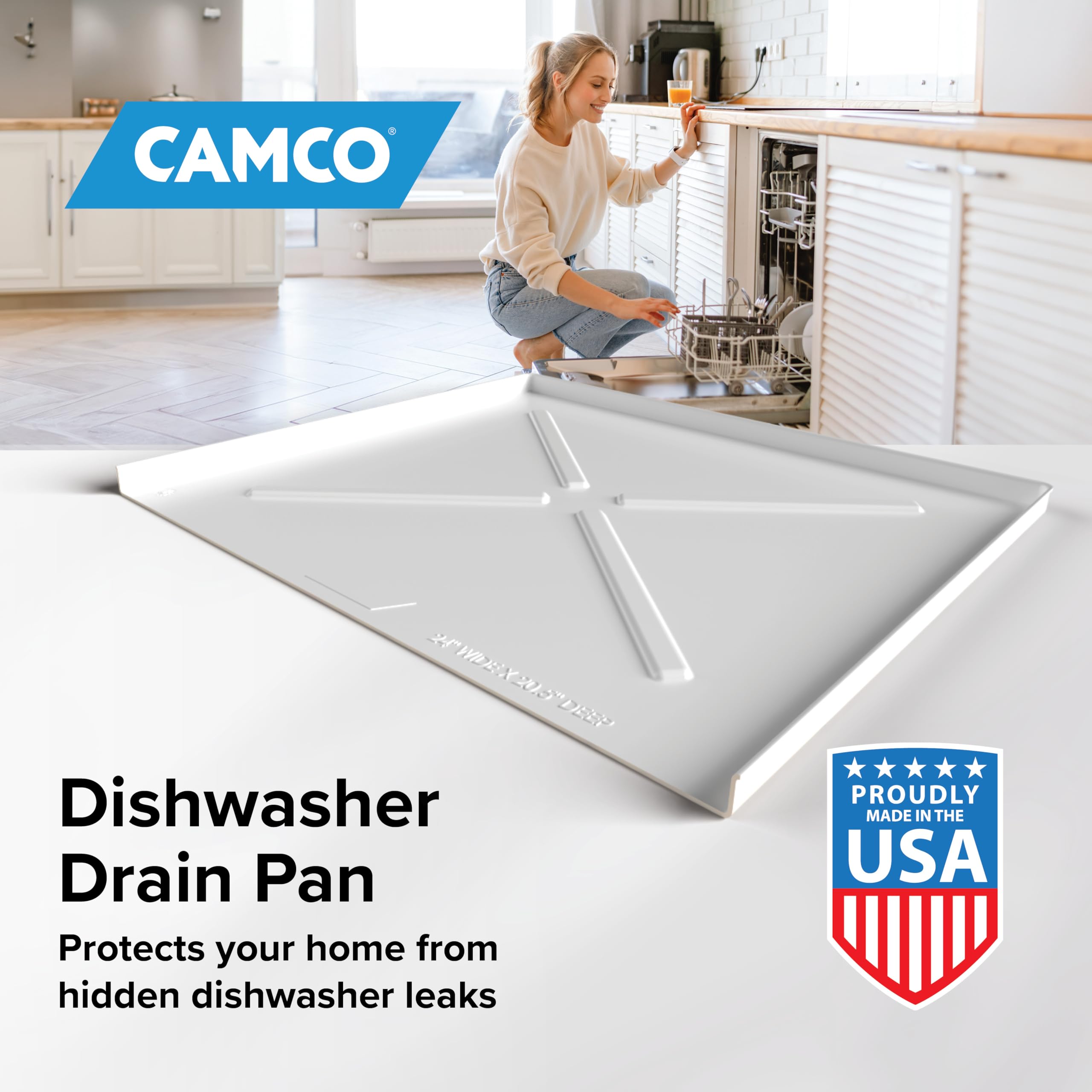 Camco Dishwasher Drain Pan - Heavy-Duty Polymer, 24" x 20.5", White, Model 20600 - Protects Floors & Easy Leak Detection