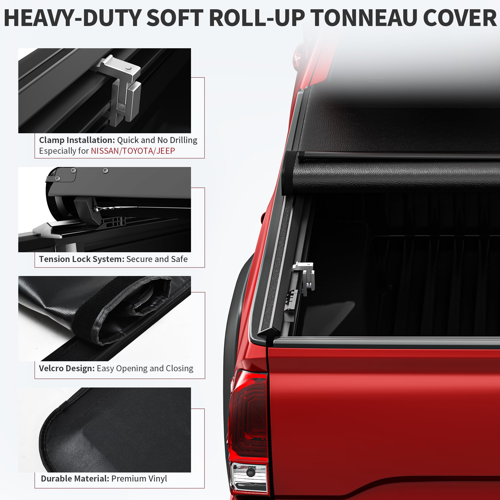 oEdRo Soft Roll Up Truck Bed Tonneau Cover Compatible with 2016-2023 Toyota Tacoma (Excl. Trail), 5ft Bed with Track Rail System