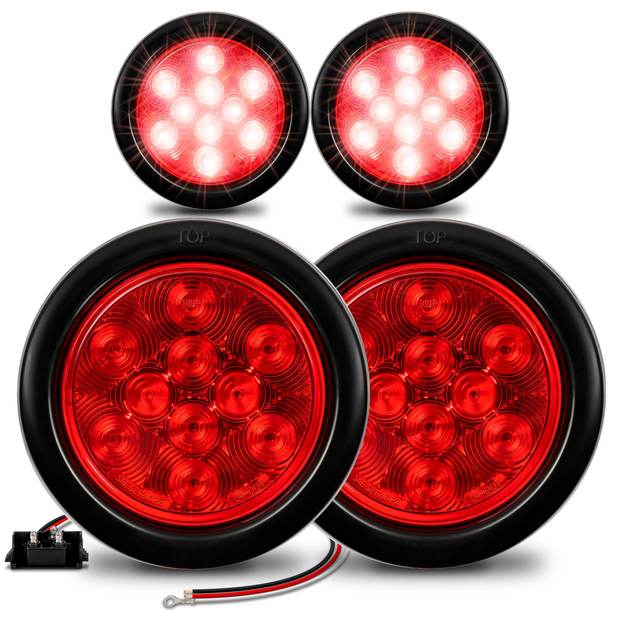 TRUE MODS 4pc 4 Round Red 10 LED Trailer Tail Lights [DOT FMVSS 108] [SAE S2T2I6P2] [Grommet & Plug] [IP67 Waterproof] Turn Stop