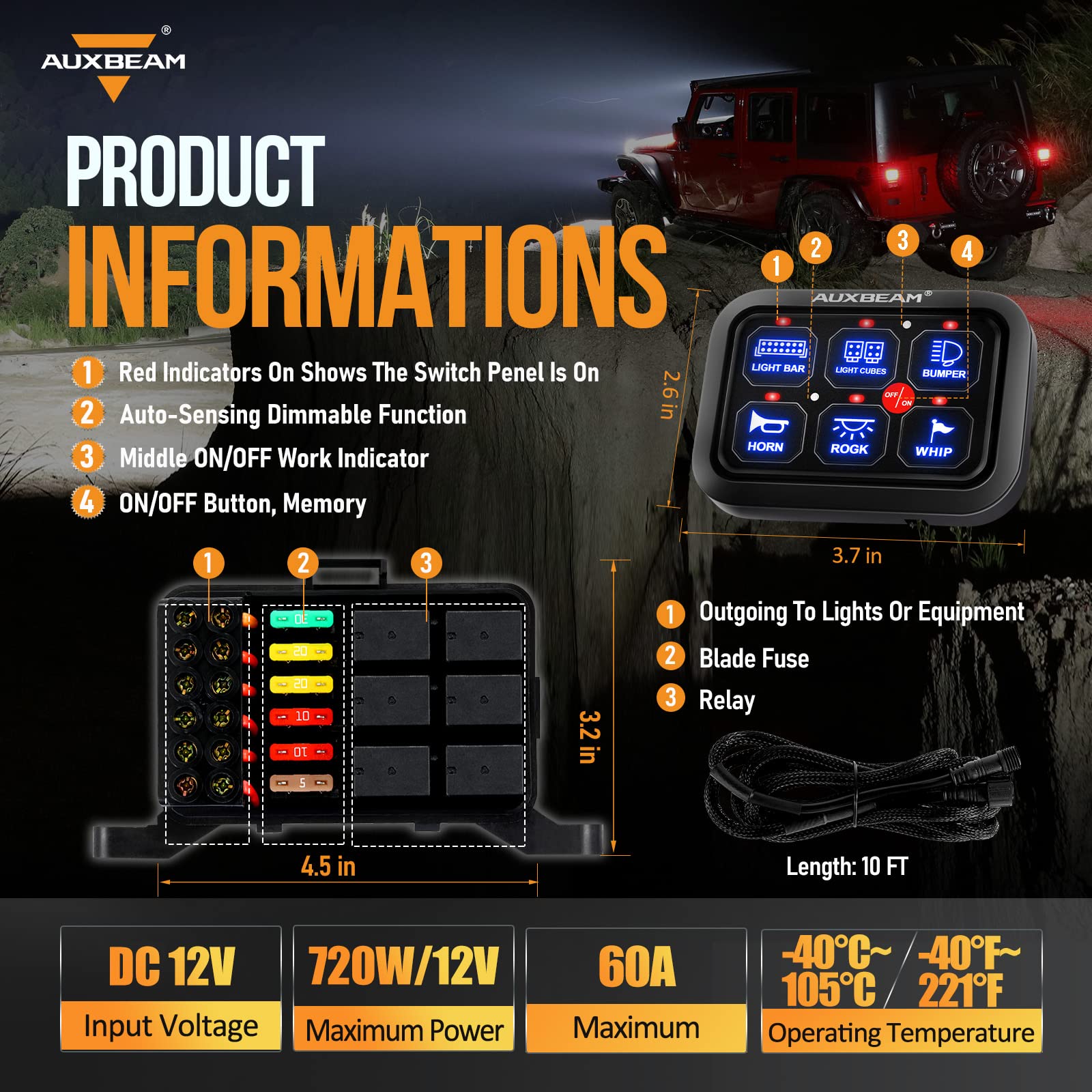 Auxbeam 6 Gang Switch Panel BC60, Blue, Aluminum, Touch Control Relay System for Car, Truck, UTV, SUV - 2 Year Warranty