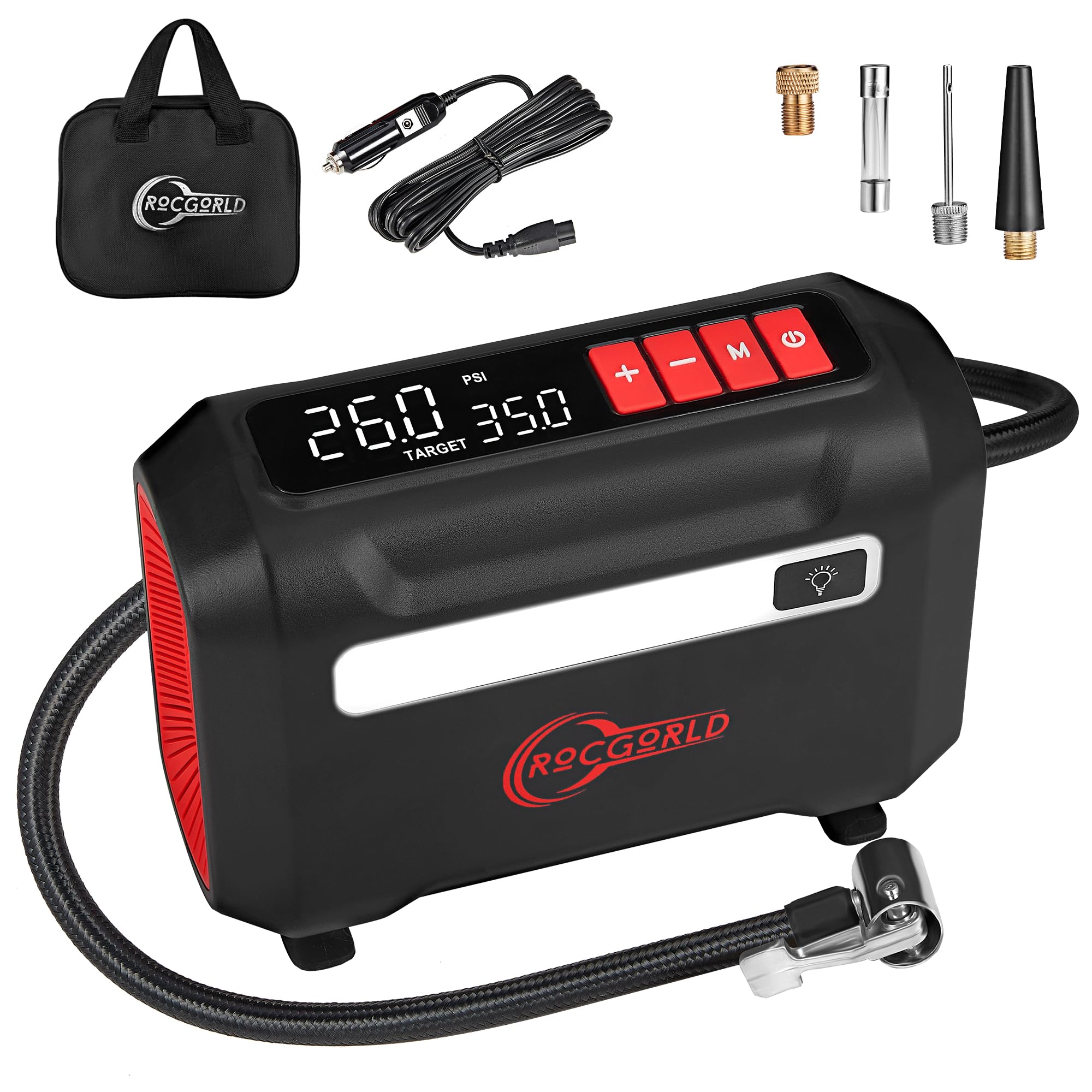 ROCGORLD R8 Portable Air Compressor - DC 12V Tire Inflator with Dual Digital Screen, Fast Inflation, Red, Plastic