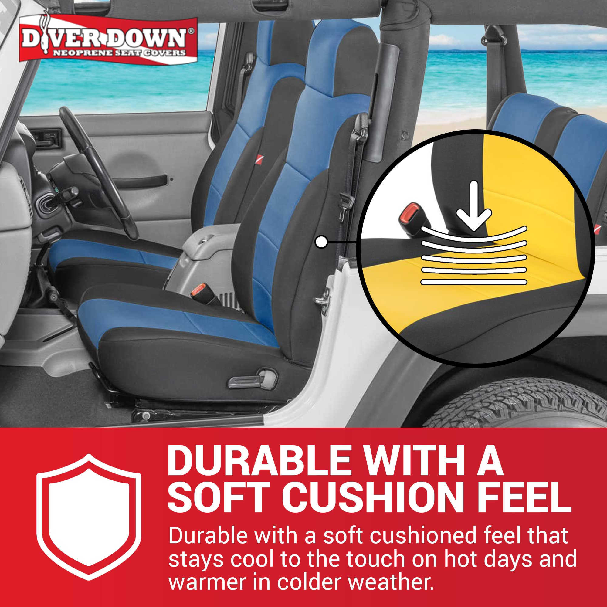 Diver Down Neoprene Seat Cover Set for Jeep TJ 1997-2006 - Waterproof, Thermal Resistant, Soft Padded, Blue