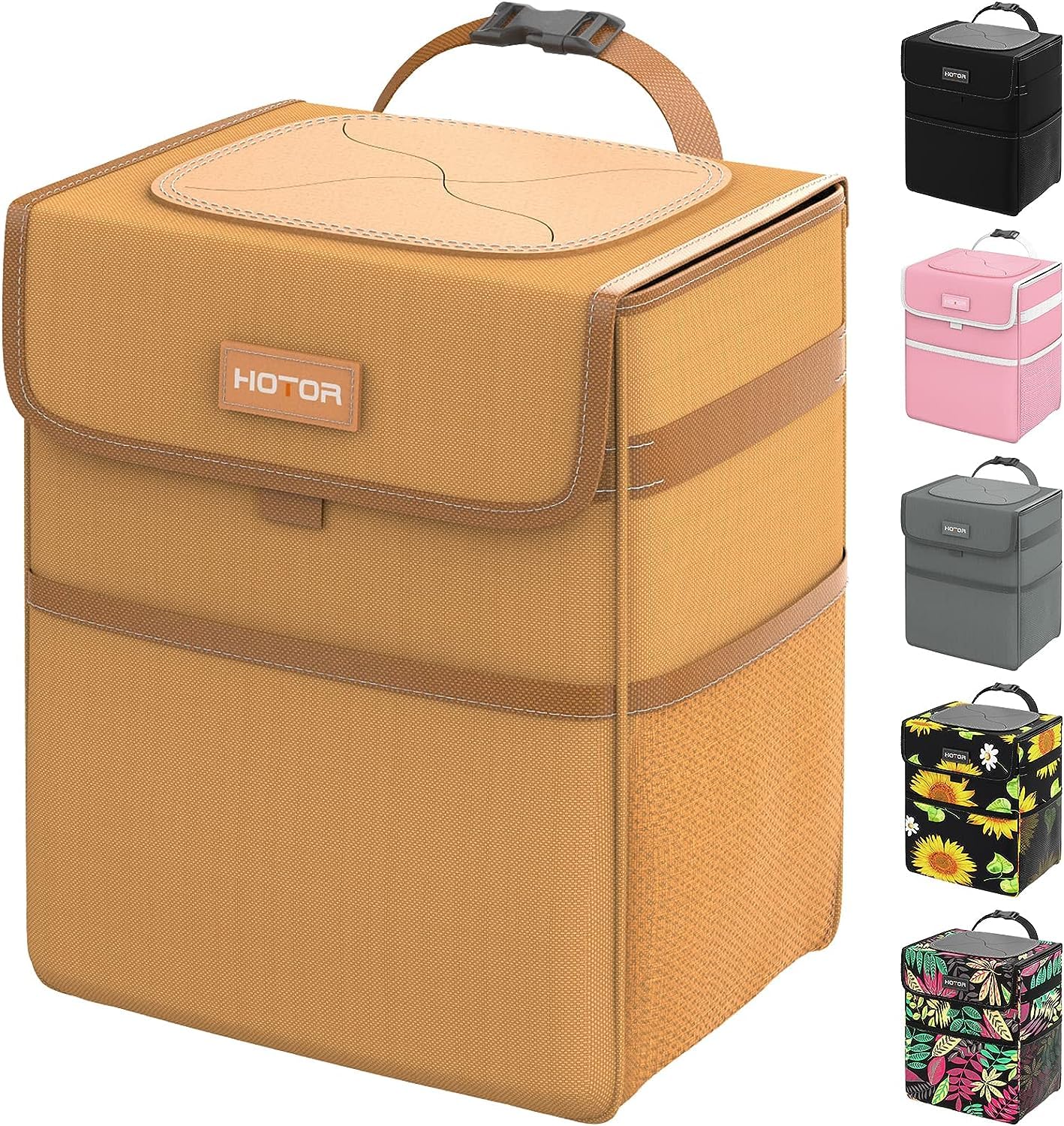 Hotor Car Trash Can With Lid, Brown Trash Bag Hanging With Storage Pockets, 100% Leak-Proof Garbage Can With Adjustable Straps,
