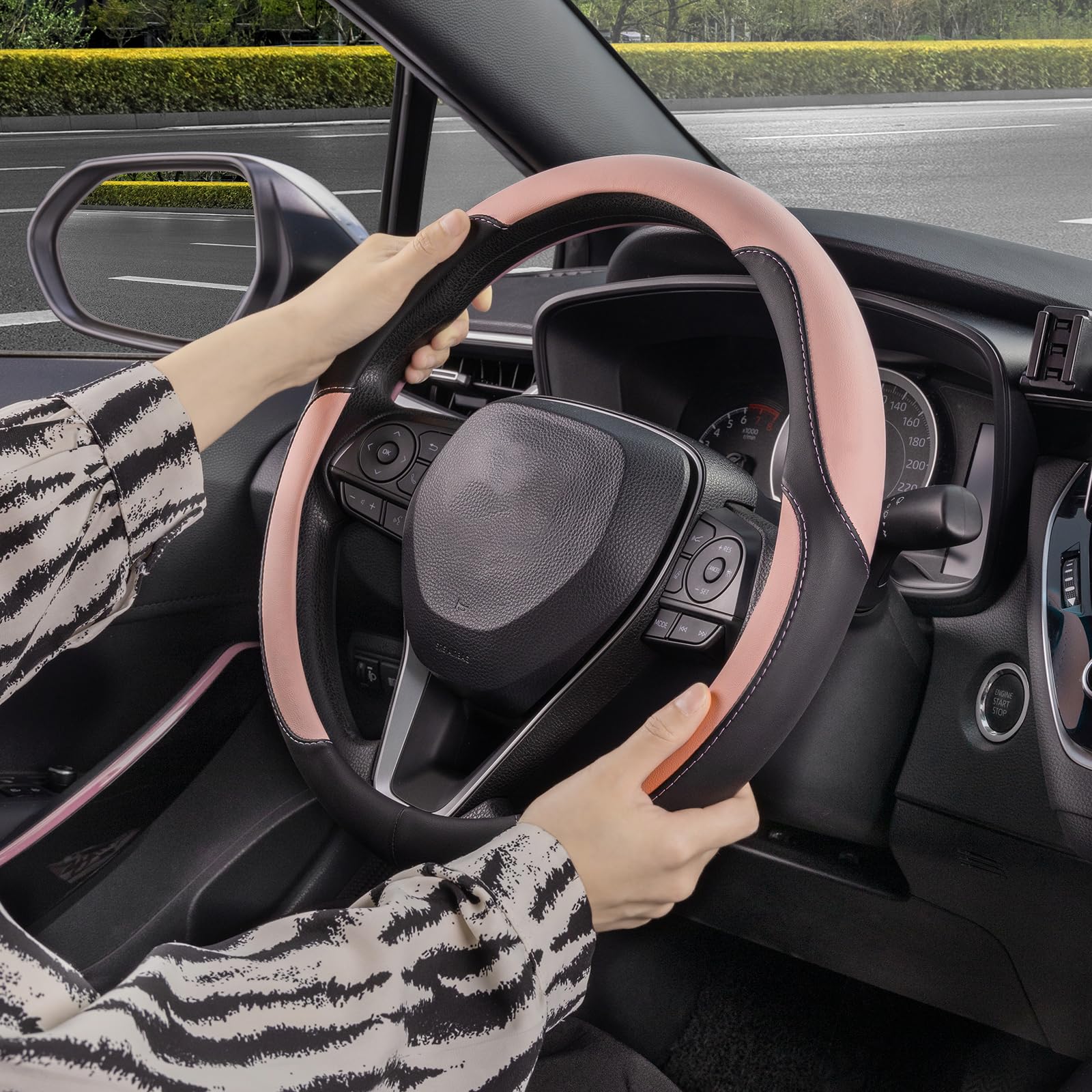 SEG Direct Car Steering Wheel Cover for Women Men, Standard Size 14.5-15 inch (37-39 cm), Auto Interior Accessories, Black and P