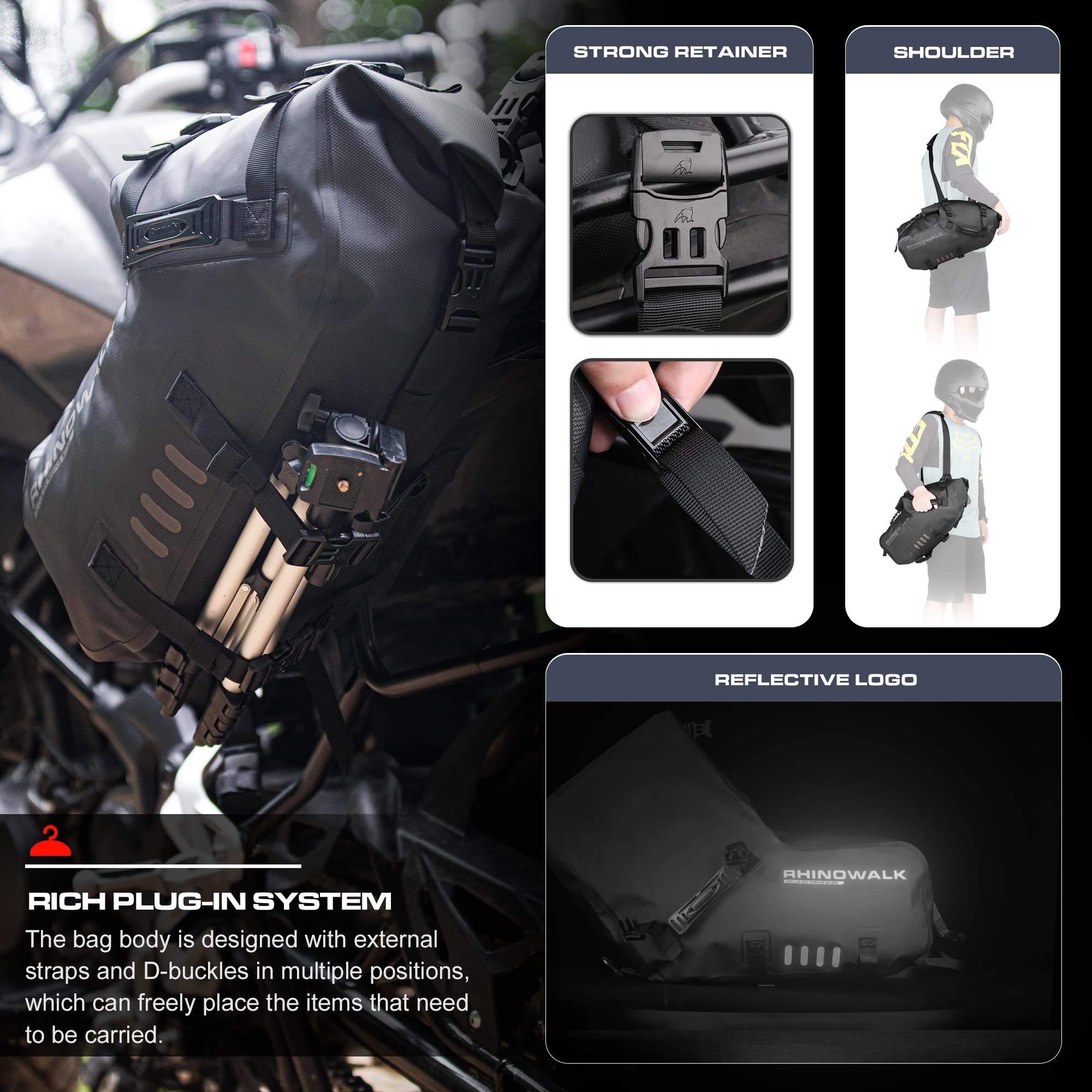 Rhinowalk Motorcycle Saddle Bags, Waterproof 28L PVC, Black, Model MT1428, Suitable for Adventure & Sport Motorcycles