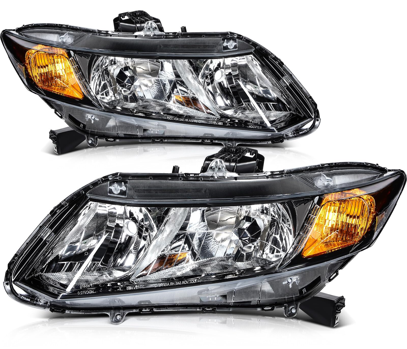 LSAILON Headlight Assembly Replacement Fit 2012-2015 for Honda Civic Headlamp in Clear Lens Black Housing Amber Reflector 33150T