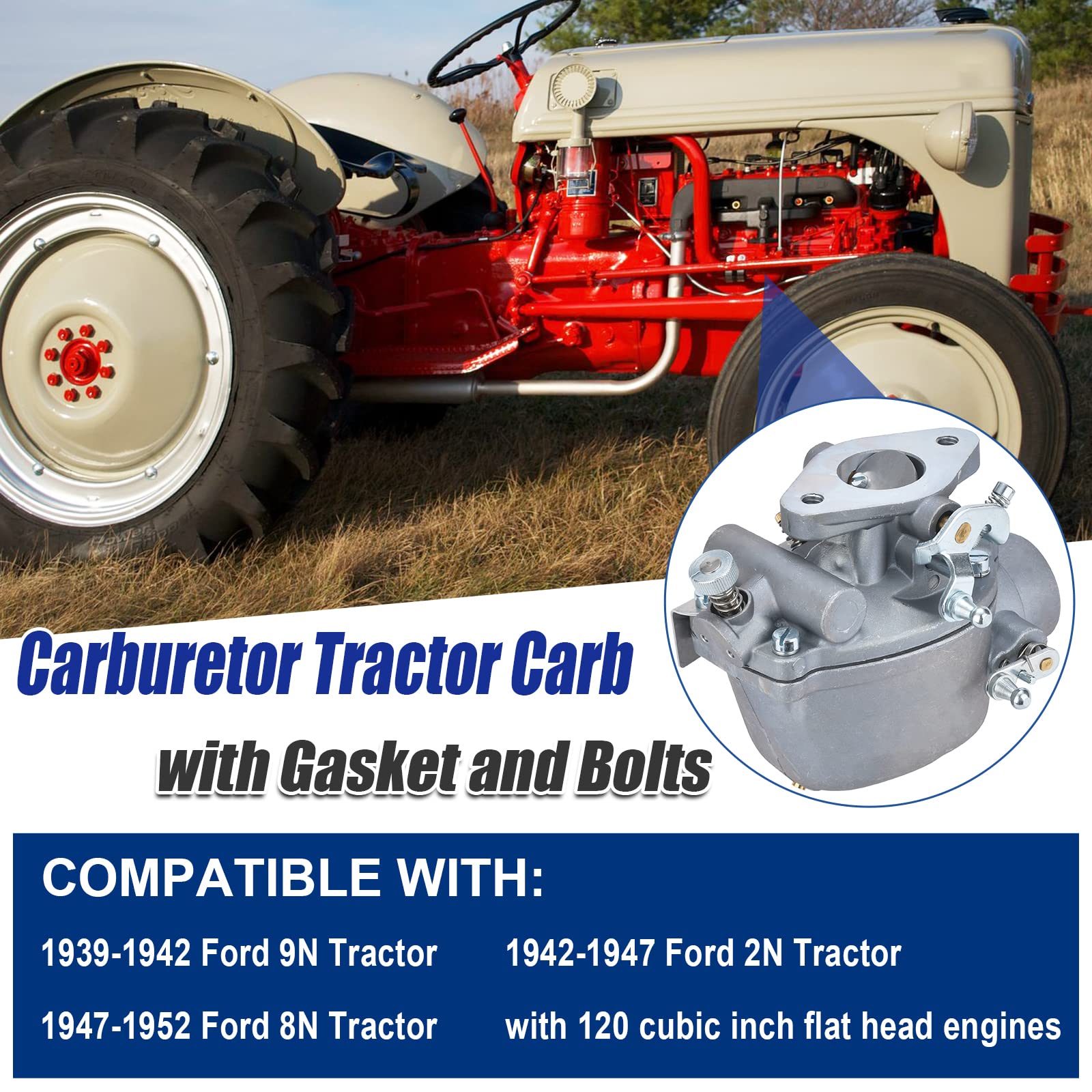 Nakuuly 8N9510C Marvel Schebler Carburetor For Ford Tractor With Gasket And Bolts Compatible With Ford Tractor 2N 8N 9N 1939-195