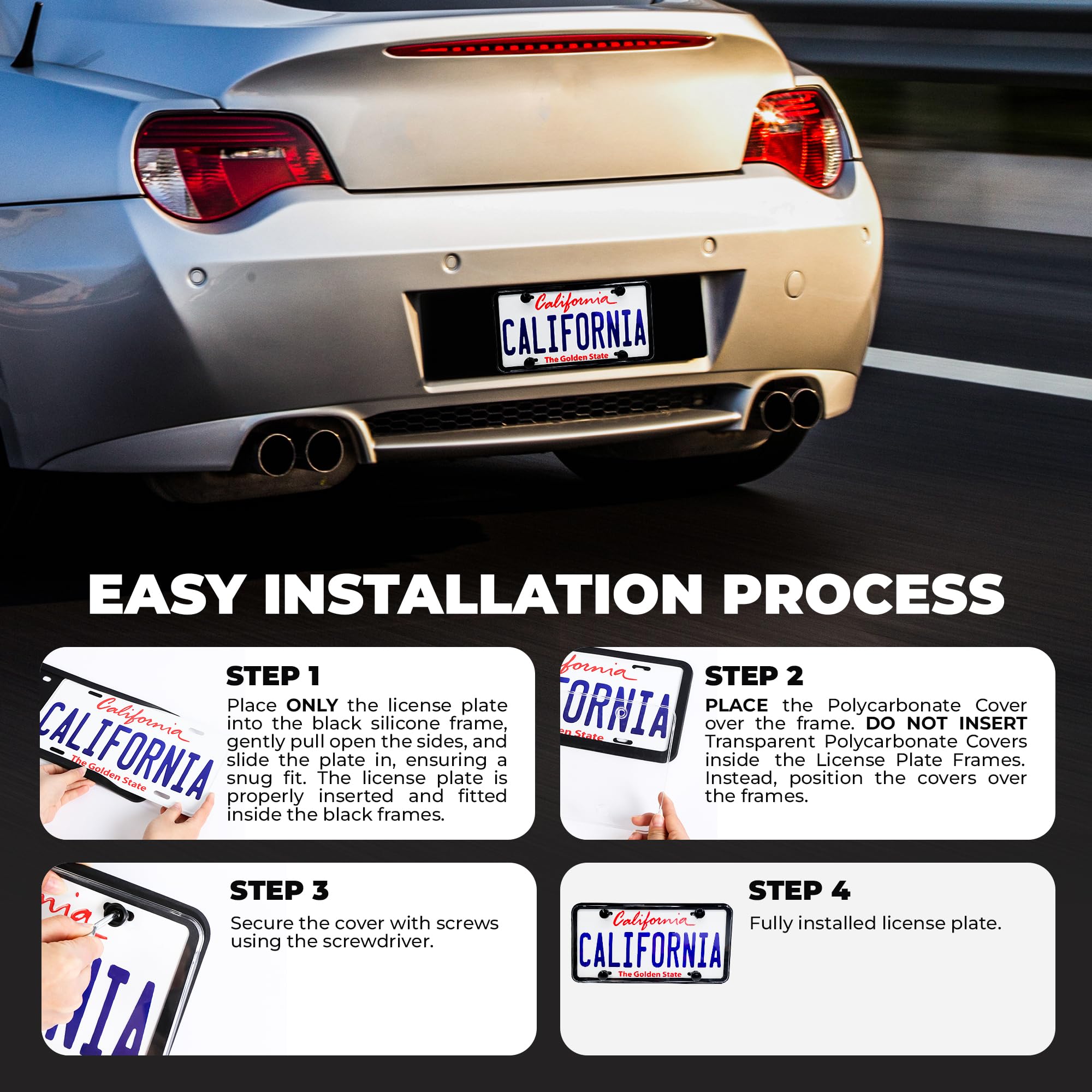 MotorFi Silicone License Plate Frames - Rust-Proof, Weather-Resistant, Black, Model LPF1, Easy Installation, 2 Pcs
