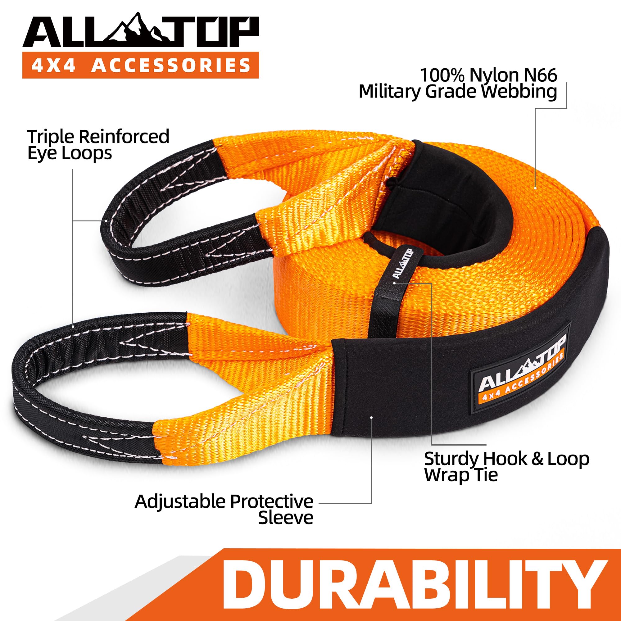 All-Top Recovery Snatch Strap, 4In X 20Ft - 46500Lbs, Extreme Duty 100% Nylon Kinetic Towing Recovery Strap With 22% Elongation