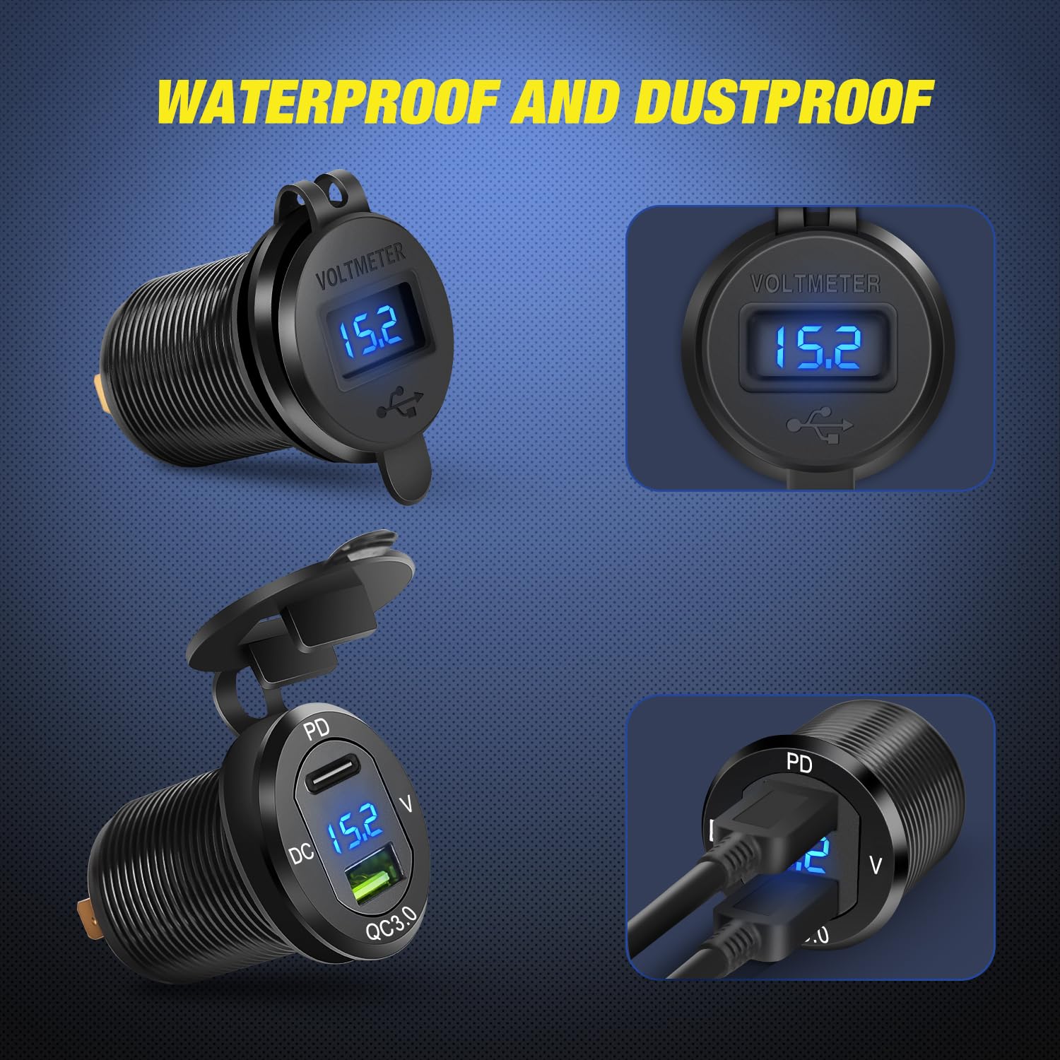 Nilight 4 Gang Rocker Switch Panel with USB Charger & Voltmeter, Waterproof, Aluminum, Type C + USB Blue, Model 90431B