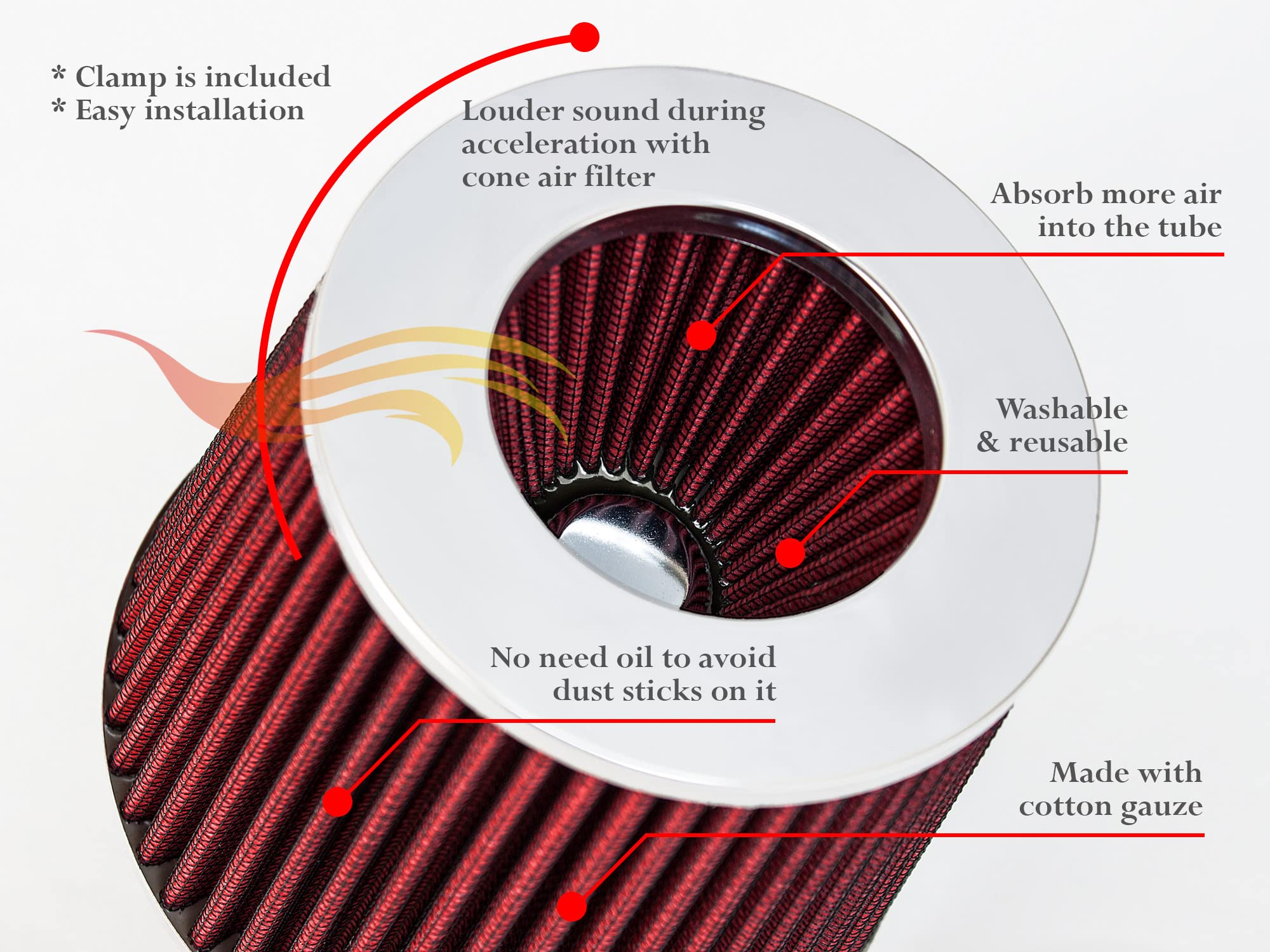 Rtunes Racing Red 2.5 Cold Air Intake Cone - Washable Clamp-On Dry Air Filter for Enhanced Performance