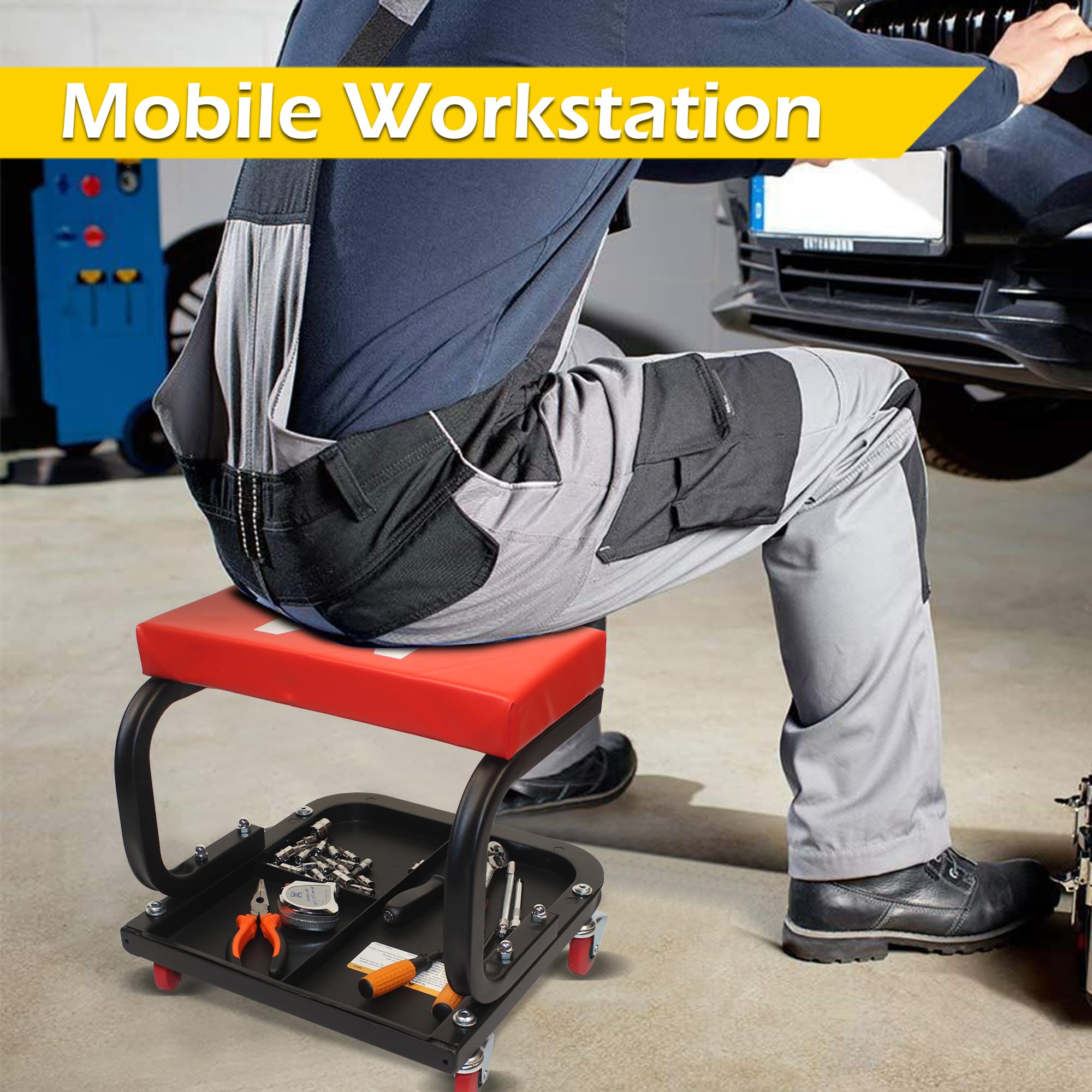 MaxWorks 50875 Mechanics Roller Seat - Heavy Duty 250 lb Capacity, Rolling Creeper Stool with Padded Seat, Black/Red