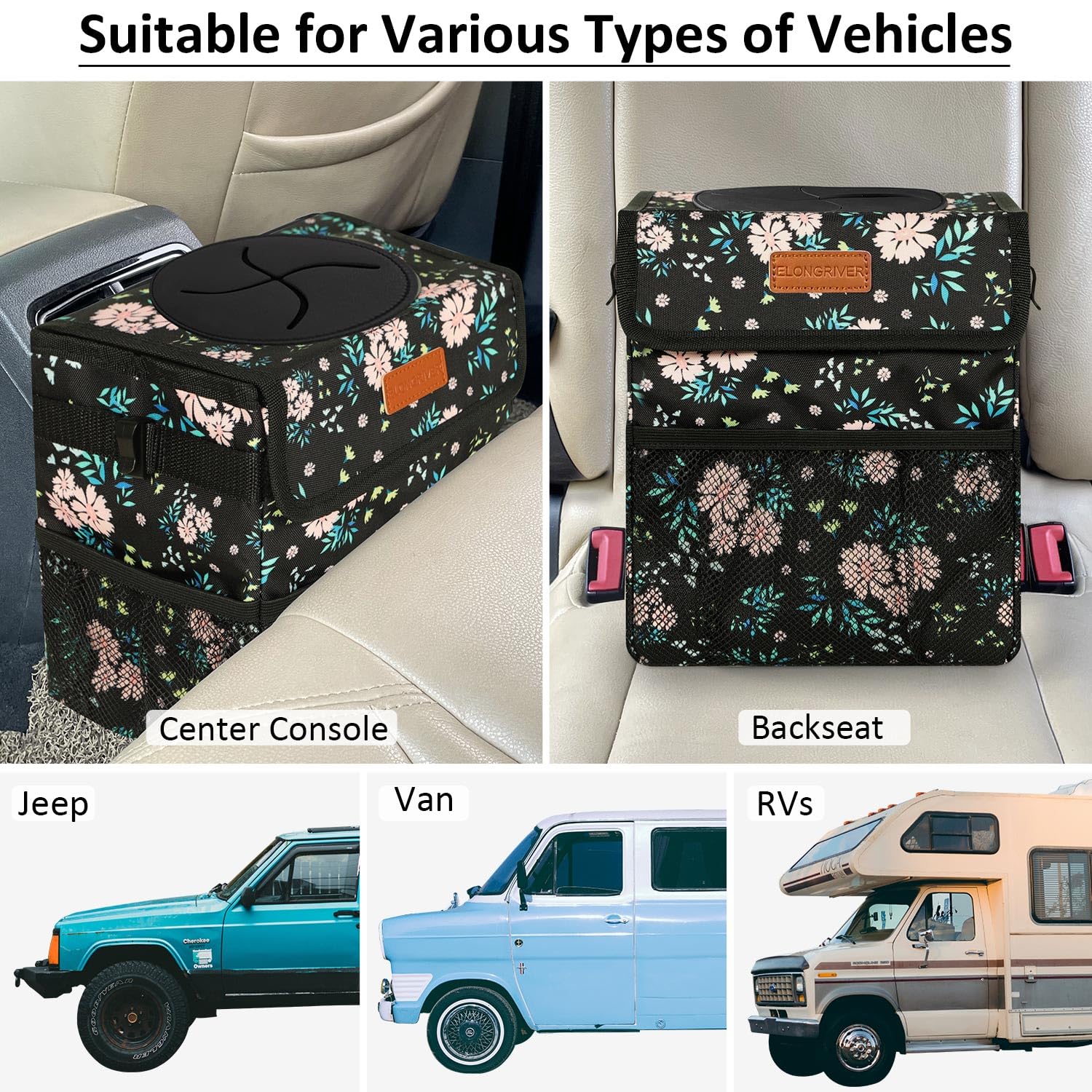 ELONGRIVER Car Trash Can Bin - 2 Gallon Leak Proof Polyester Vehicle Trash Bag, Colorful Floral, for SUV, Truck, Van, Model 220908-10