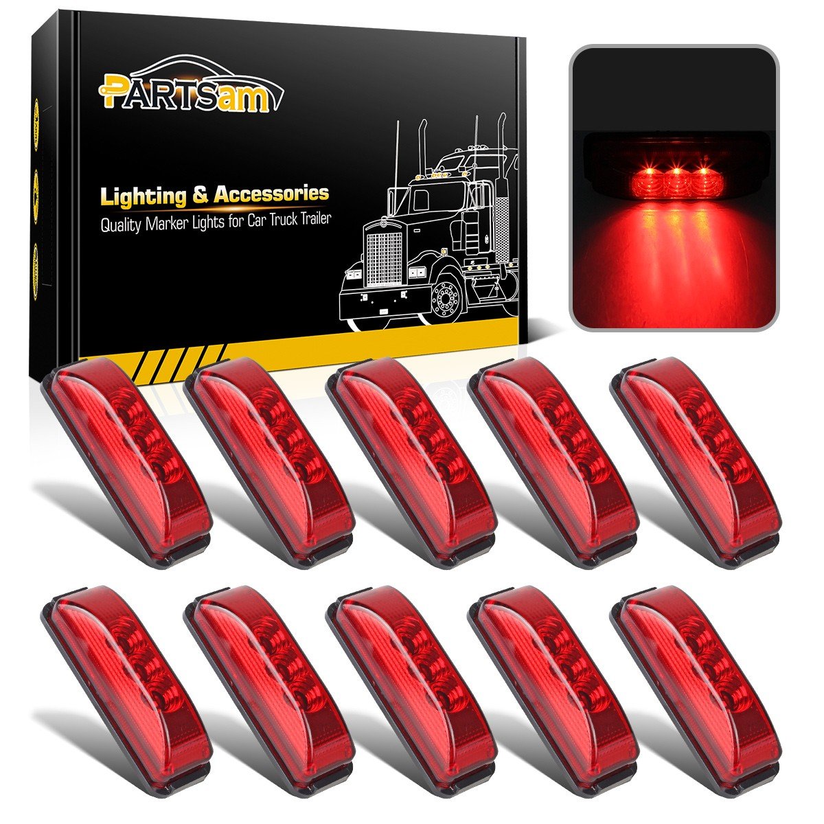 Partsam 10Pcs 3.9 Inch Red 3Led Side Marker Clearacne Light With Reflectors For Trailer Truck Rv Camper, Waterproof, Dc12V