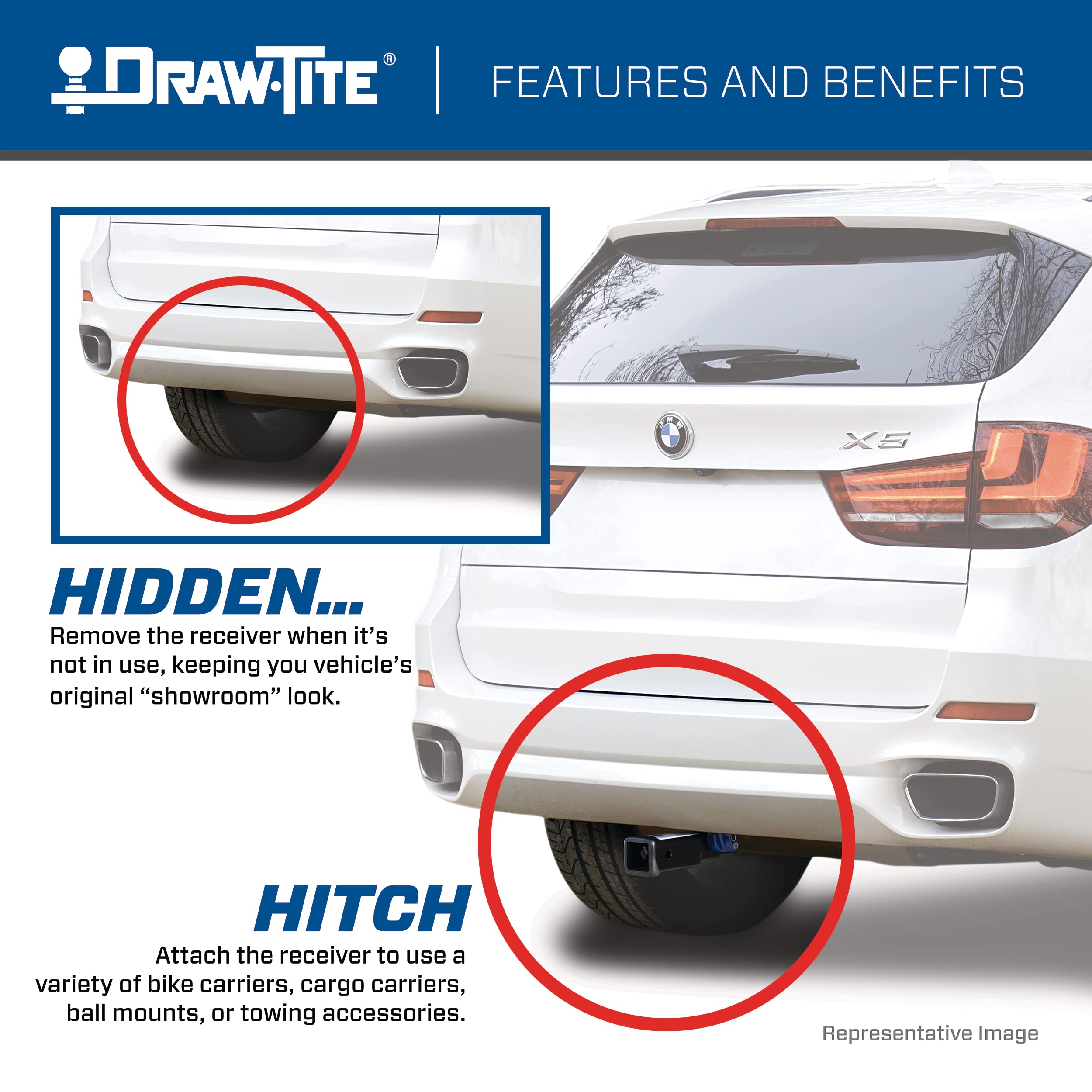 Draw-Tite Hidden Hitch 76923, Completely Hidden Trailer Hitch, 2 In. Removable Receiver, Black, Compatible With 2016 - 2022 Bmw