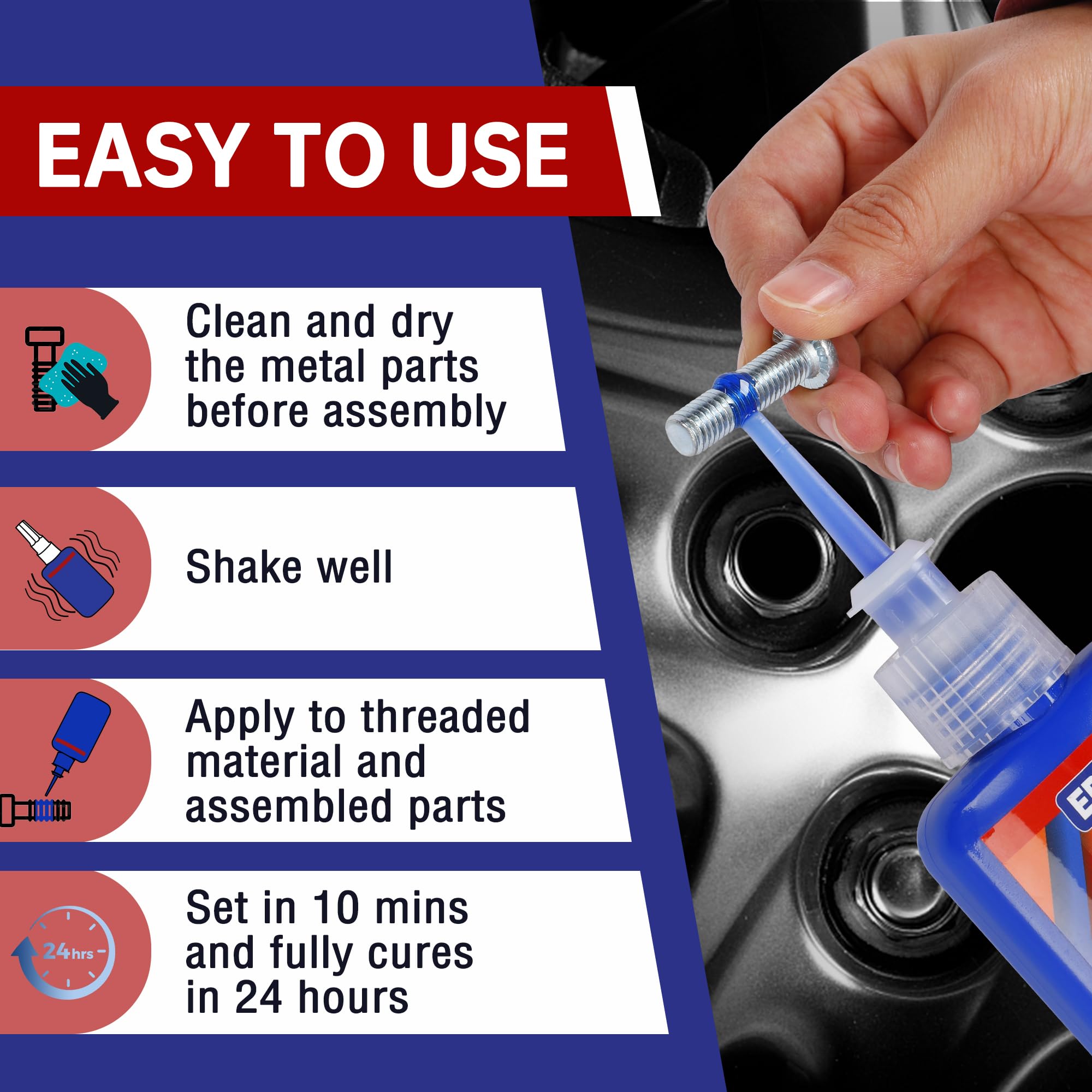 EPASUN Threadlocker Blue and Red, 50ml, Medium and Strong Strength for Nuts, Bolts, Fasteners to Prevent Loosening and Corrosion