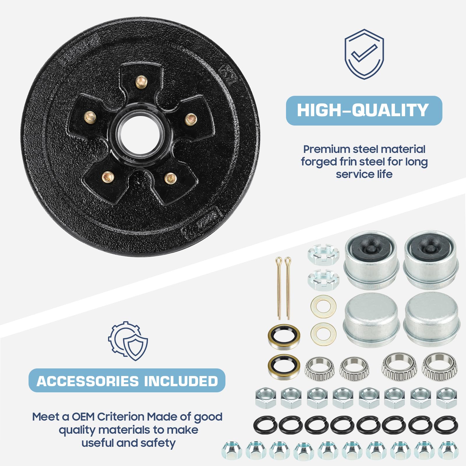 Trailer Axle Electric Brake Kit, Pair Of 5-Hole, 4.5'' Bolt Circle Brake Drum With 10'' X 2 1/4'' Self-Adjusting Electric Brakes