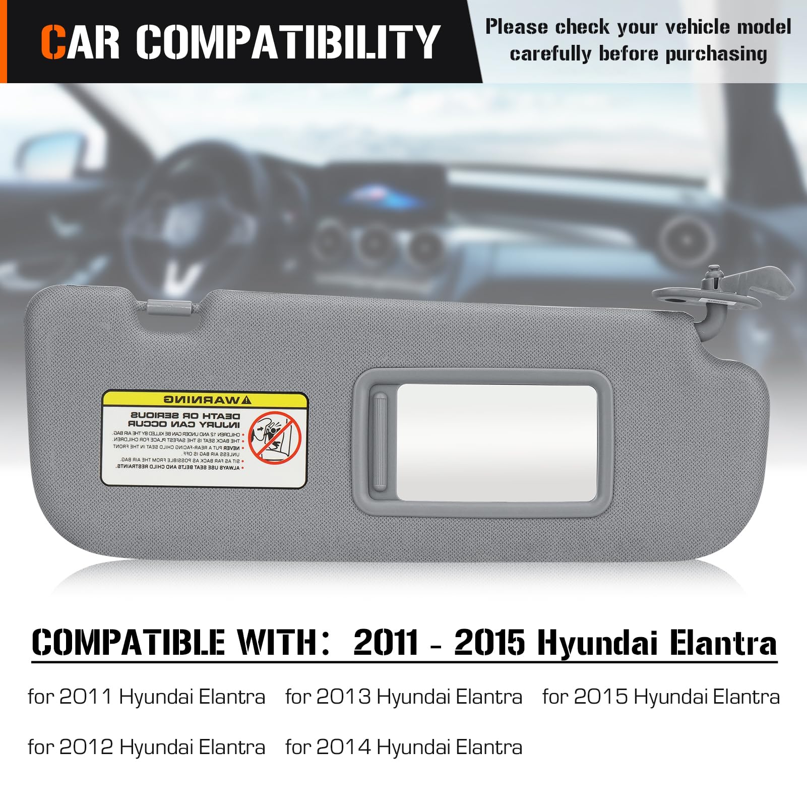 Aeagle Sun Visor for 2011-2015 Hyundai Elantra, Right Passenger Side, Gray, Model AESV0023, Plastic Replacement 852203X000TX