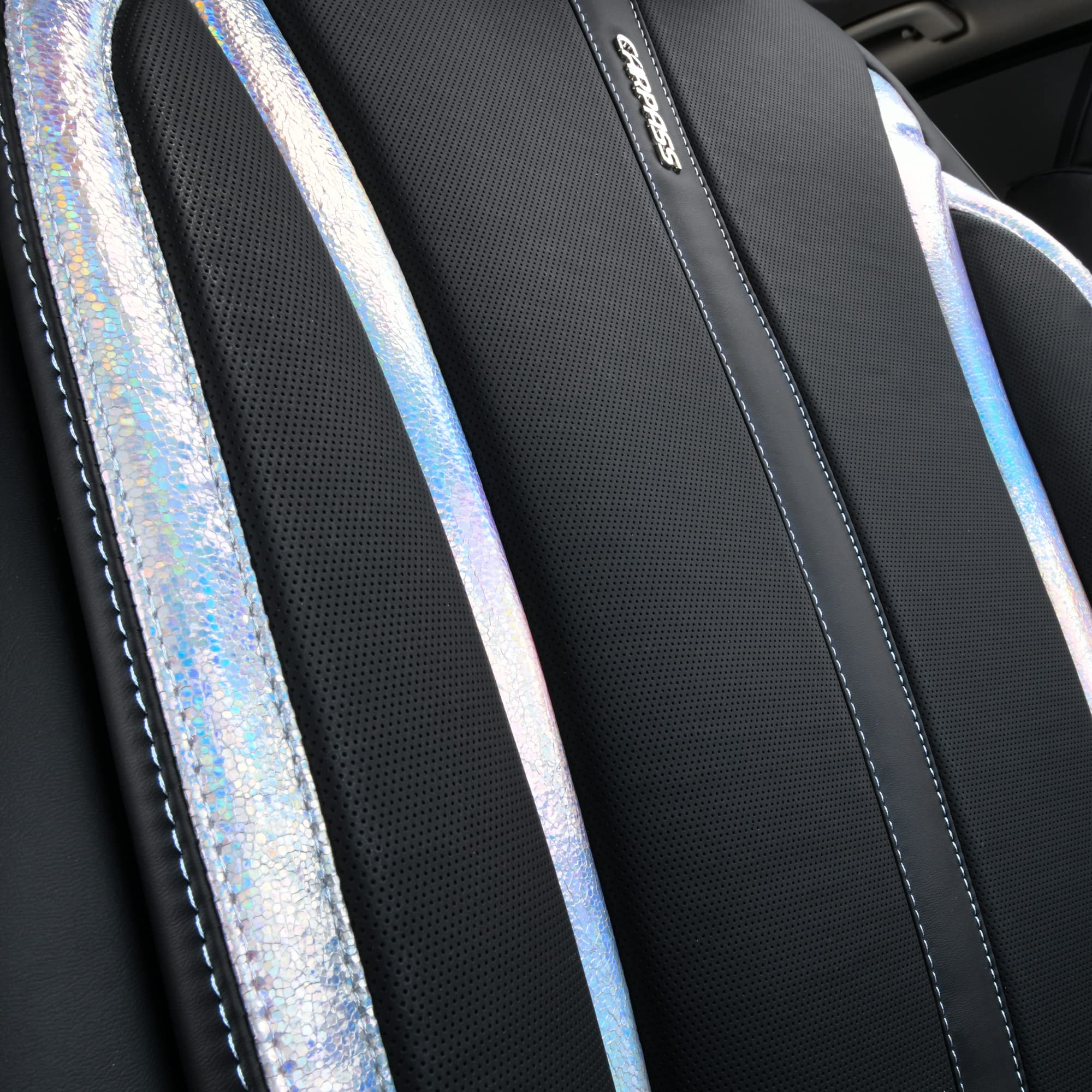 CAR PASS Nappa Leather Car Seat Covers - Waterproof, Cushioned, Universal Fit for SUV/Truck - Black Silver Strips, Model SJ005T2-WT9BL-PUQB2NH22