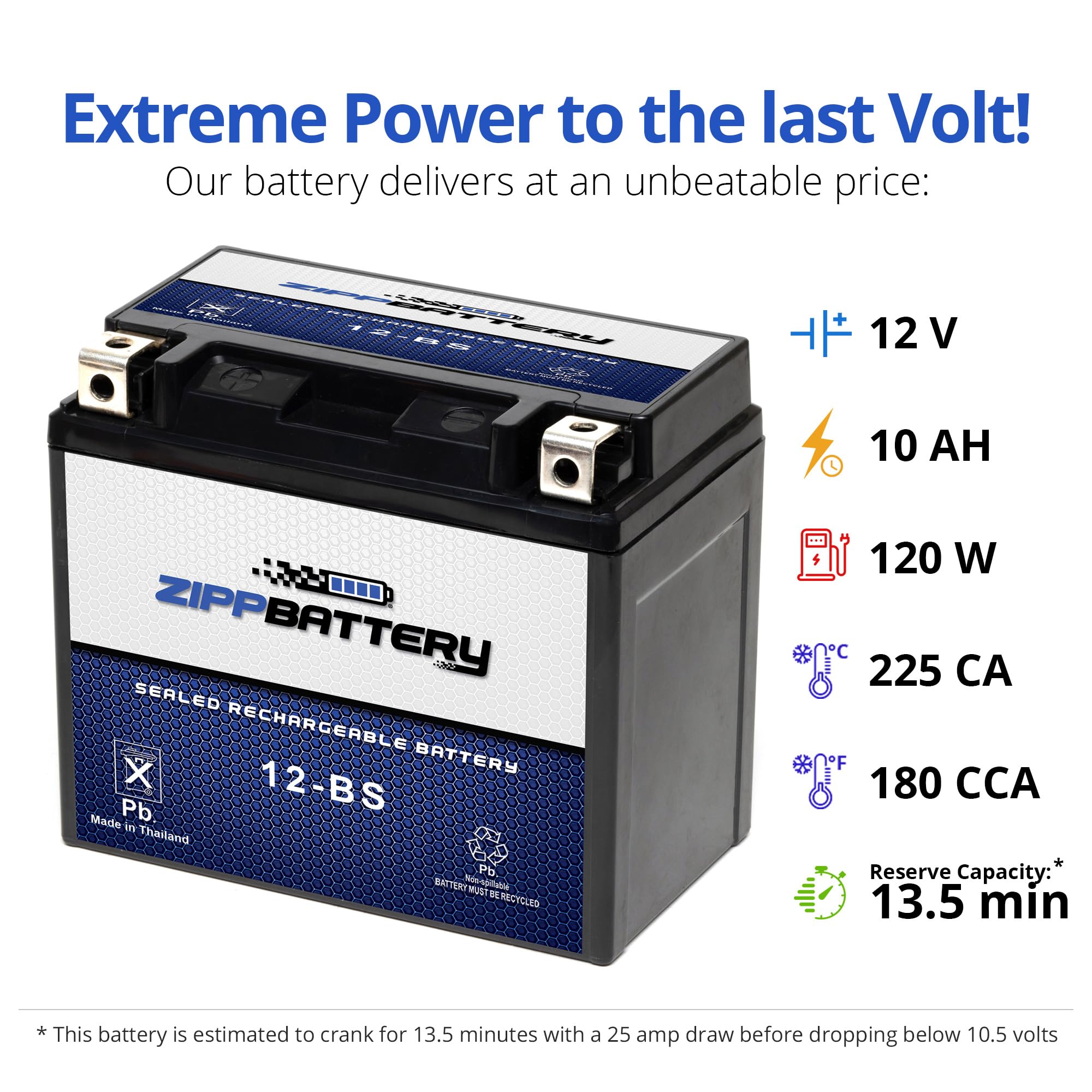 ZIPPBATTERY YTX12-BS 12V AGM Motorcycle Battery – 10Ah, Maintenance-Free, Fits ATV, Jet Ski, Honda CBR600, Yamaha V-Star 1100