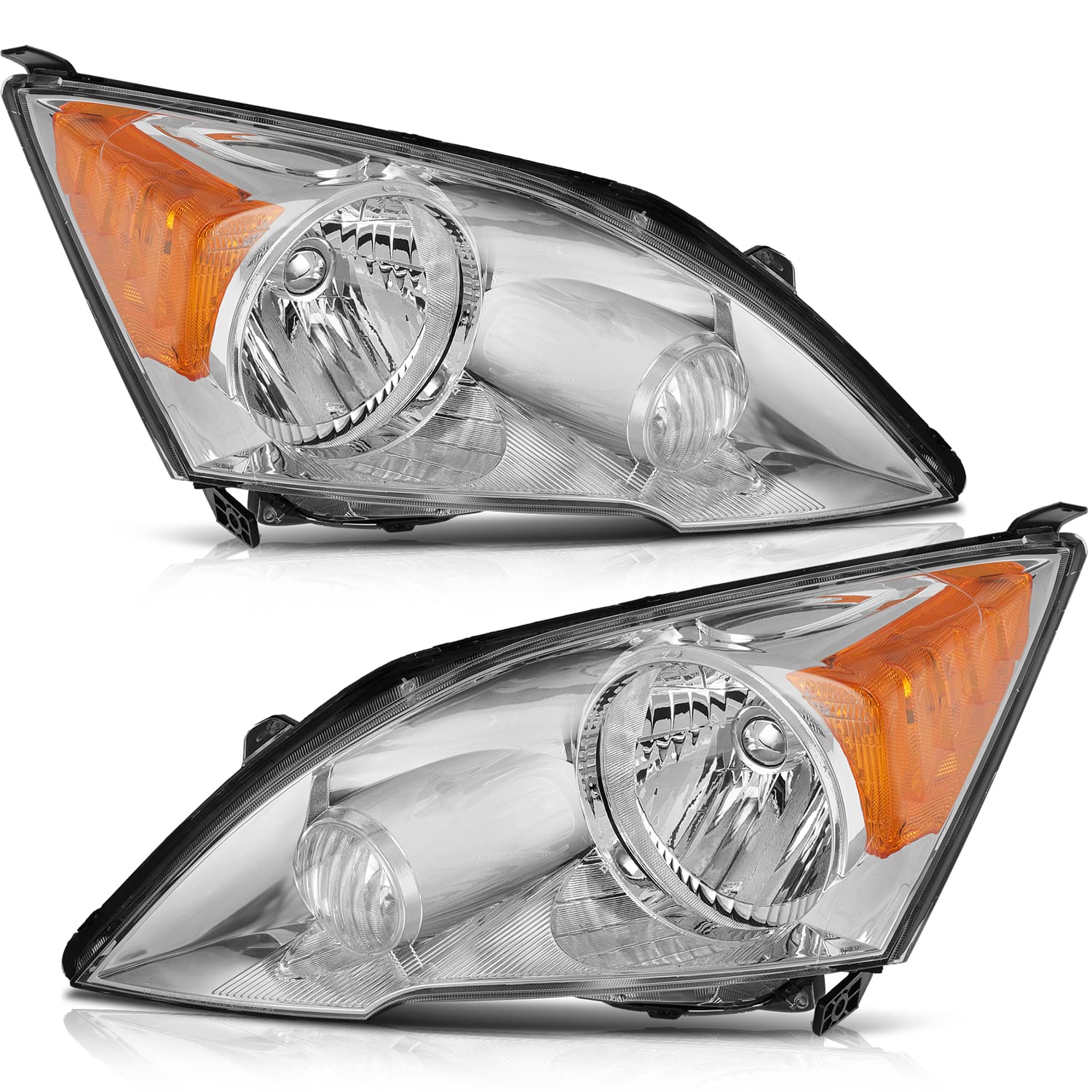 LSAILON Headlight Assembly Replacement Fit 2007-2011 For Honda CR-V Chrome Housing Amber Reflector Clear Lens Driver and Passeng
