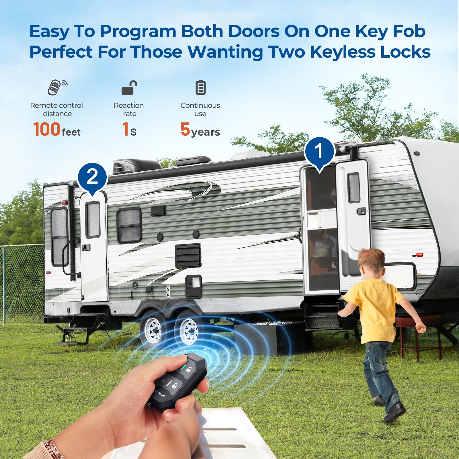ONNAIS RV Door Lock Replacement - Keyless Entry with 10-Digit Keypad, Dual-Door Remote Control, Full-Metal, Black, Model W007B