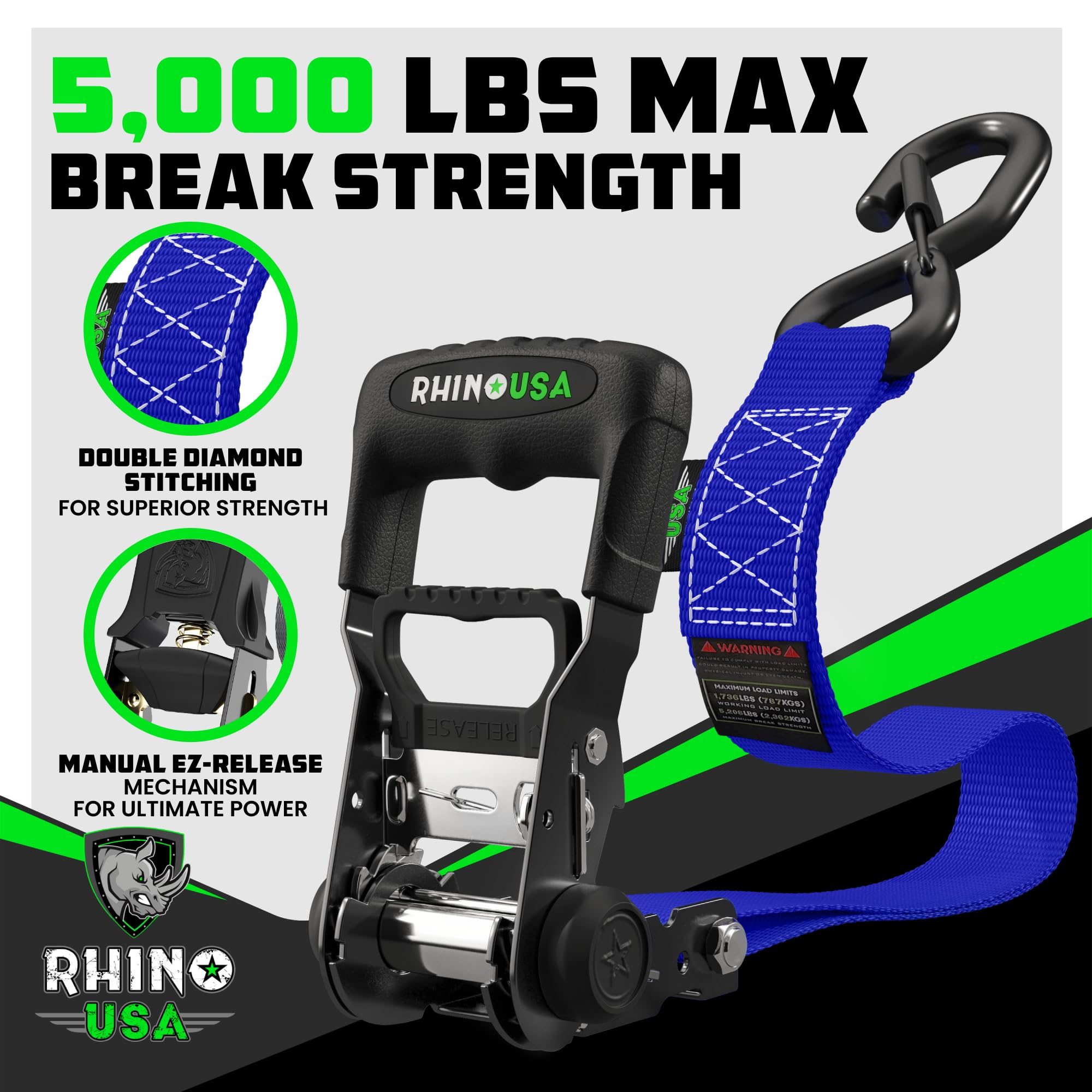 Rhino Usa Ratchet Straps Heavy Duty Kit (2-Pack) - 1.6 Inch X 8 Feet (5,208Lb Break Strength) - Ultimate Tie Down Straps With Sa