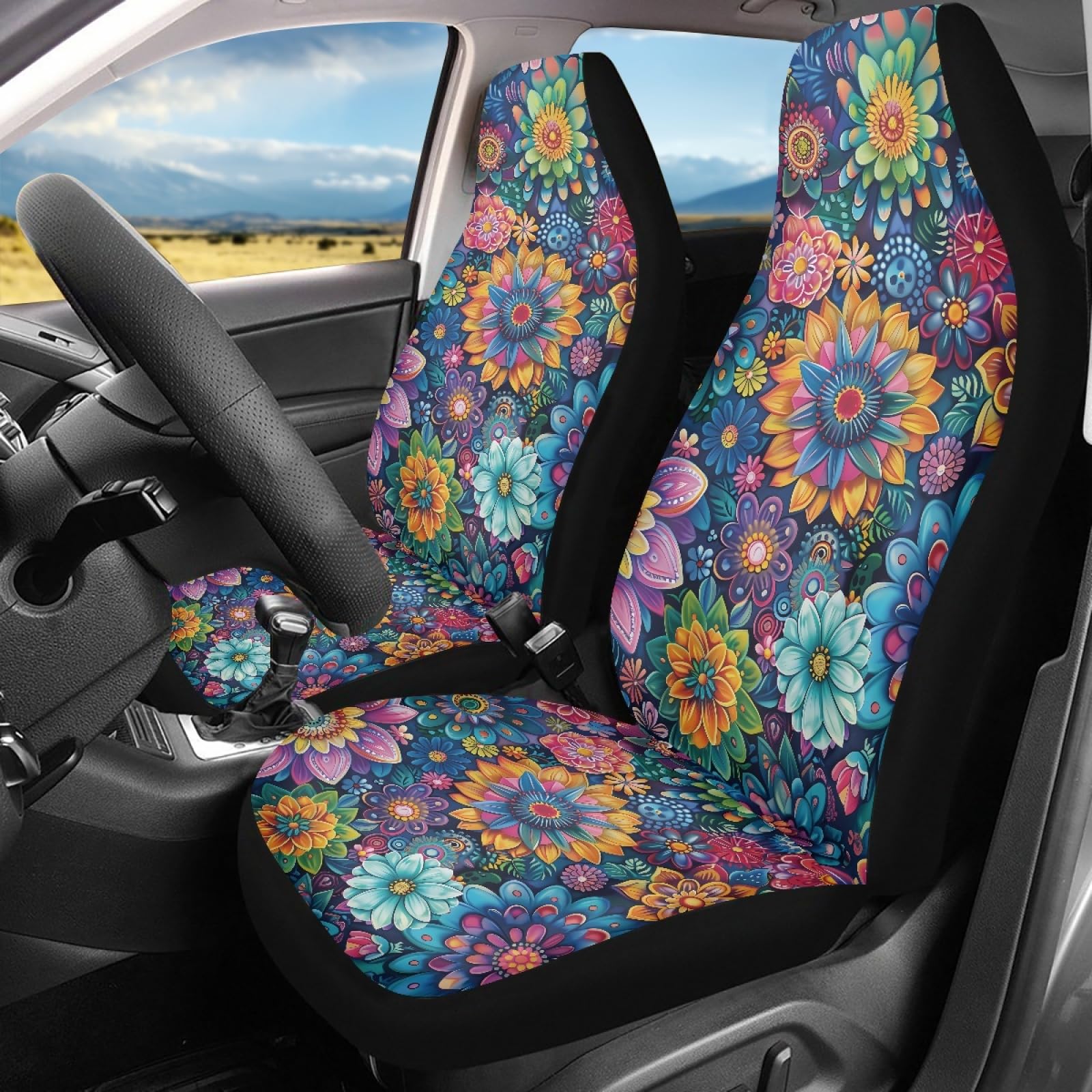TOADDMOS Car Seat Covers - Universal Fit, Boho Floral Blossoms, Polyester, 2 Packs, Compatible with Most Cars, Vans, Trucks