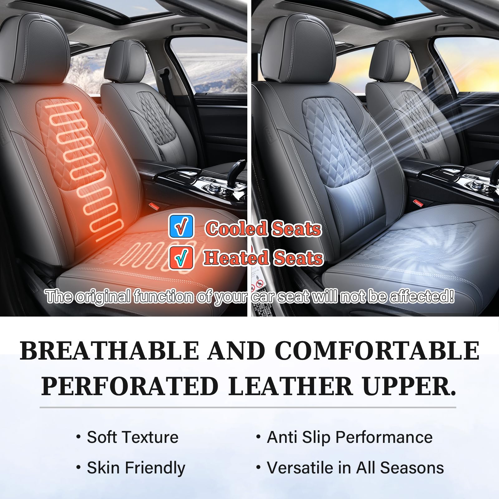 Coverado Car Seat Covers, Nappa Leather, Waterproof, Anti-Slip, Front Pair, Gray, SCU037 Series
