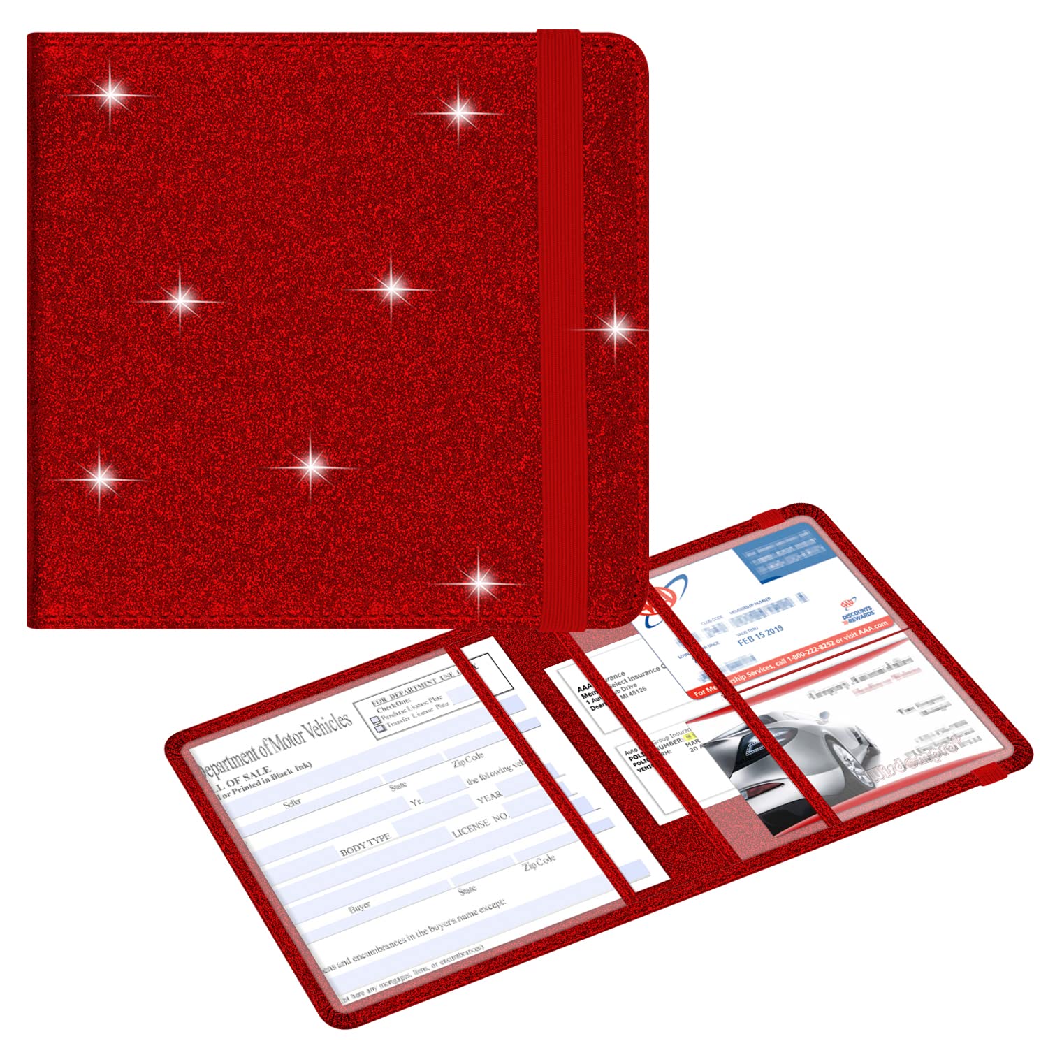Wisdompro Car Registration And Insurance Holder Glitter Pu Leather Glove Box Organizer Wallet For Document, Id, Driver'S License