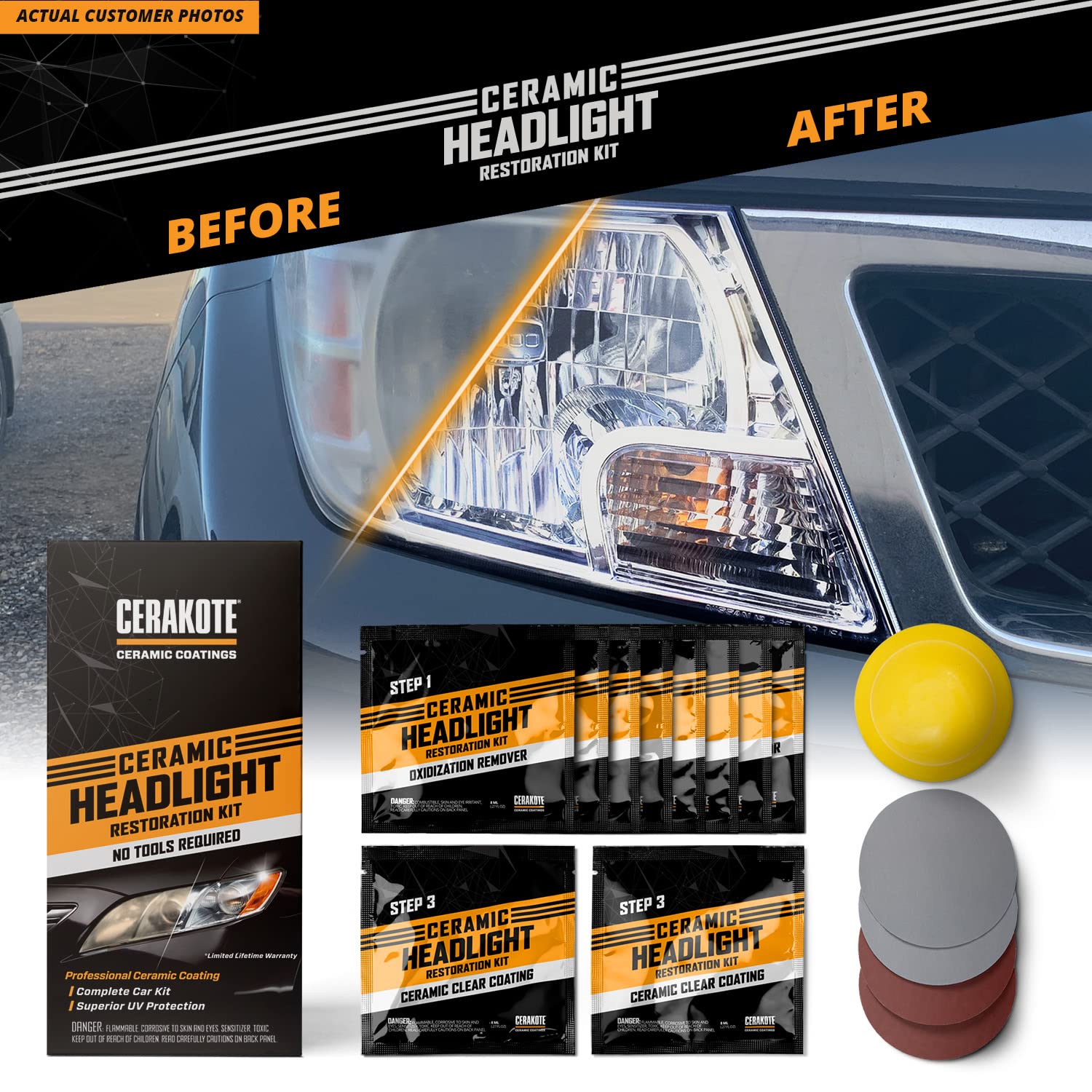 CERAKOTE® Headlight Restoration Kit - 1 Vehicle Kit - Lasts As Long As You Own Your Vehicle - Black - Easy 3-Step Process