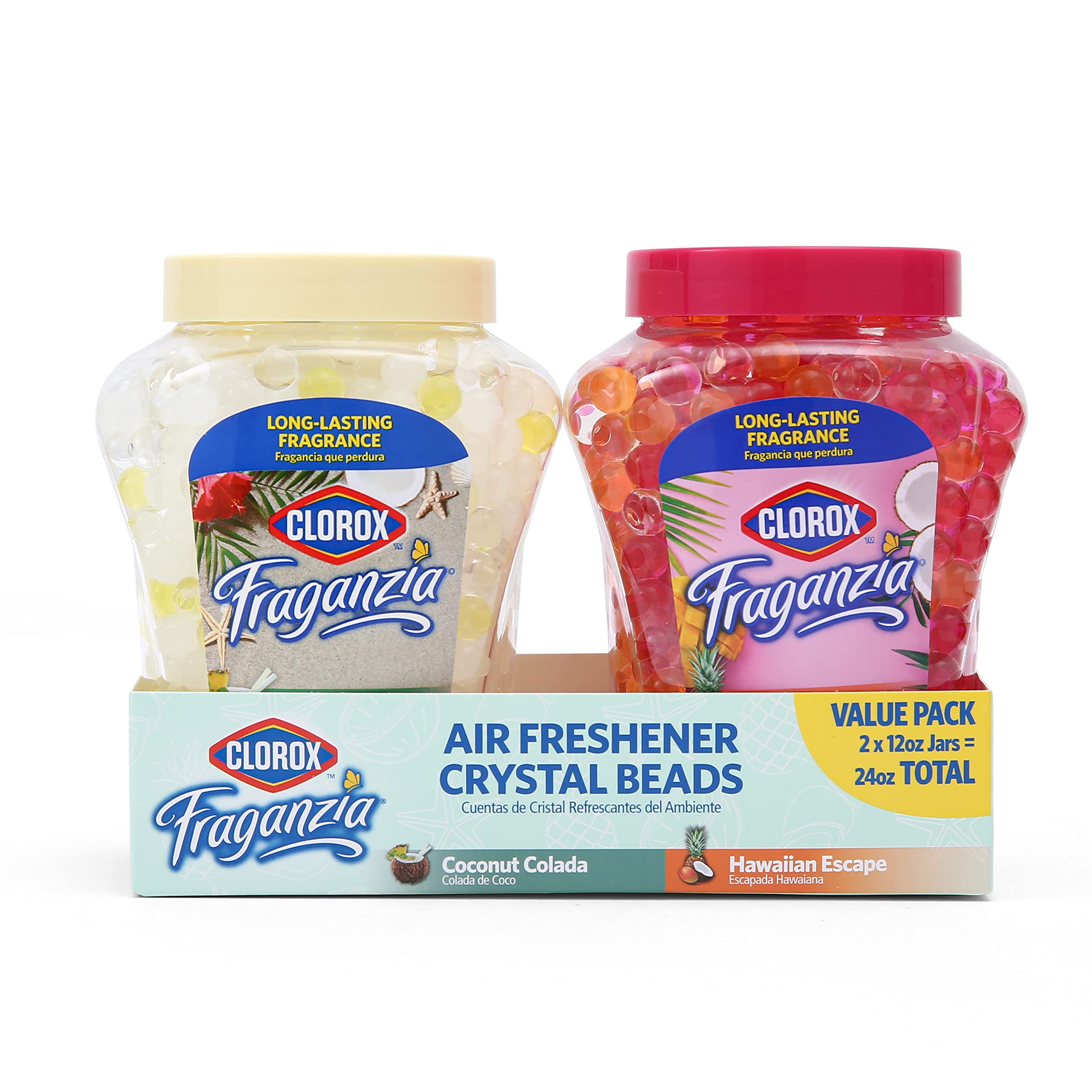 Clorox Fraganzia Air Freshener Crystal Beads Double Pack, Coconut Colada, Hawaiian Escape 12oz Jars | Vented Jar Air Scent Beads