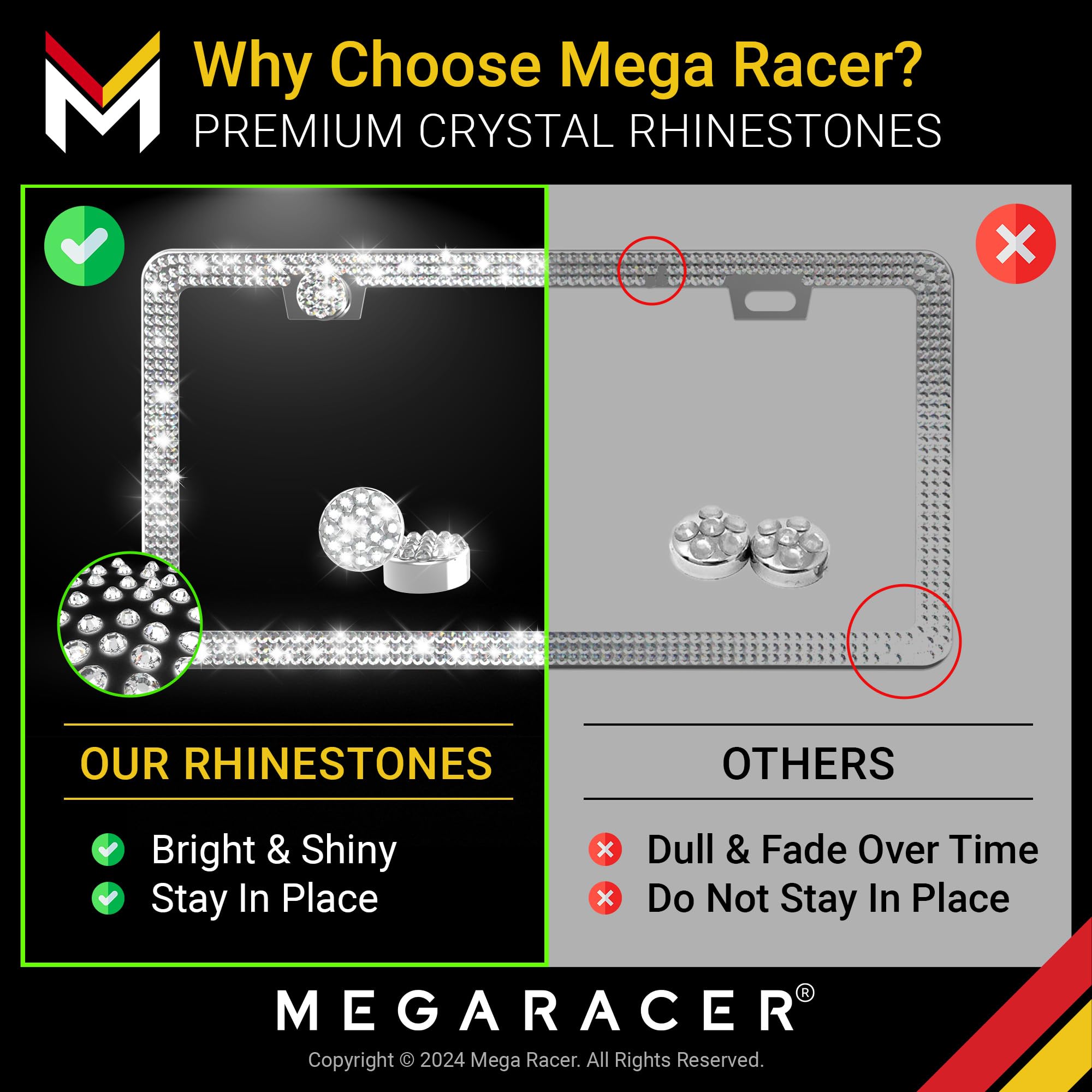 Mega Racer Bling License Plate Frames 2 Pack | Rhinestone Stainless Steel | Fits Car, Truck, SUV, Van | Sparkly Bling 2Pc