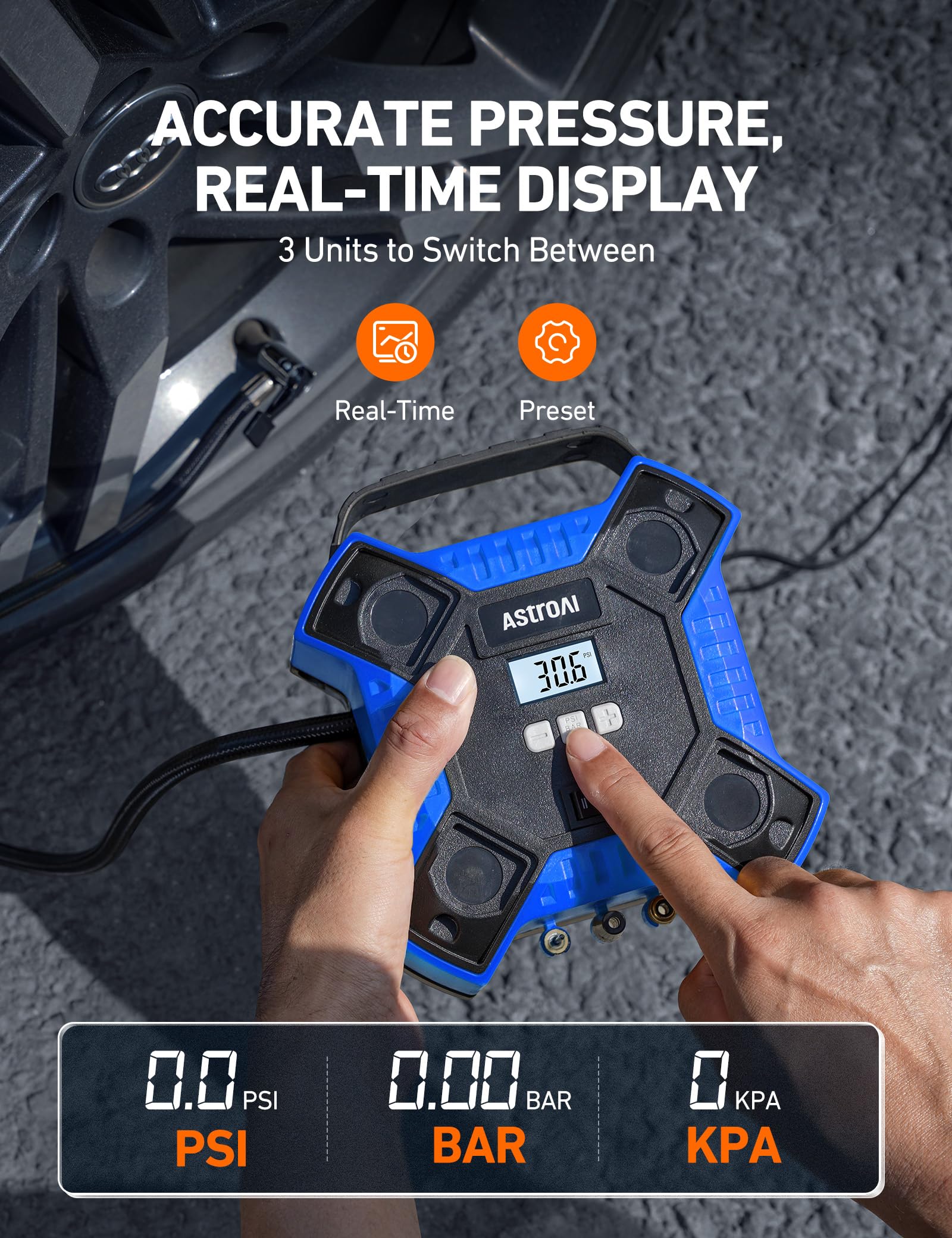 AstroAI Portable Tire Inflator Air Compressor 12V DC 160PSI with LED Light - Blue for Cars, Bicycles, Motorcycles, and Inflatables