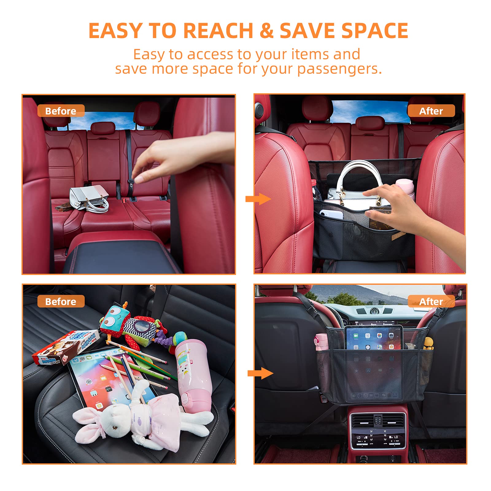WLLWOO Car Net Pocket Handbag Holder - Between Seats Organizer, Polyethylene/Polyurethane, Front Seat Storage, Net Color