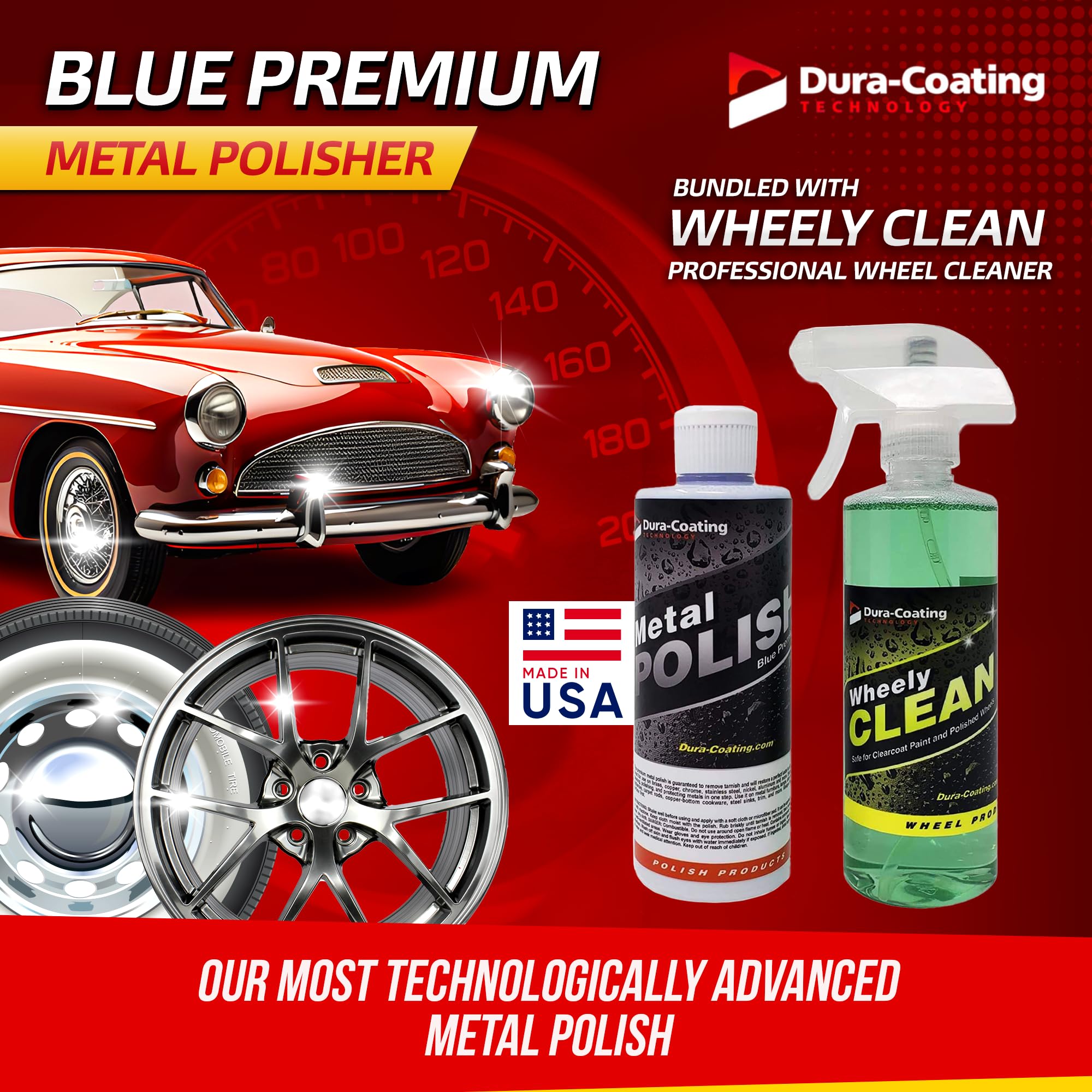 DURA-COATING TECHNOLOGY Blue Premium Metal Polish & Wheely Clean - 16oz Each for Aluminum, Stainless Steel, Copper, Brass, Nickel