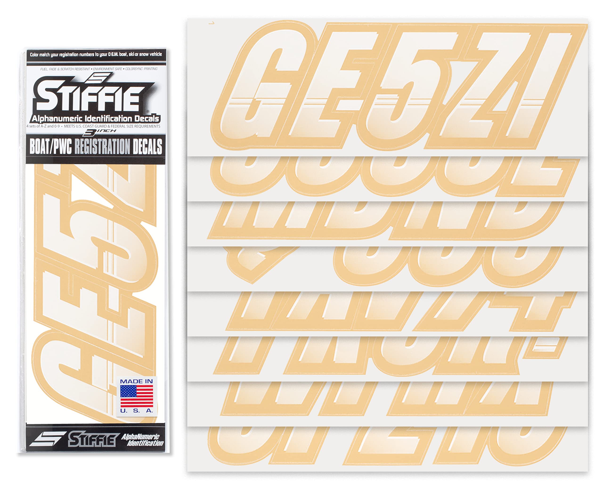 Stiffie Alpha-Numeric Registration Stickers 3" White/Tan Vinyl Decals for Boats & Watercraft - Model TT78