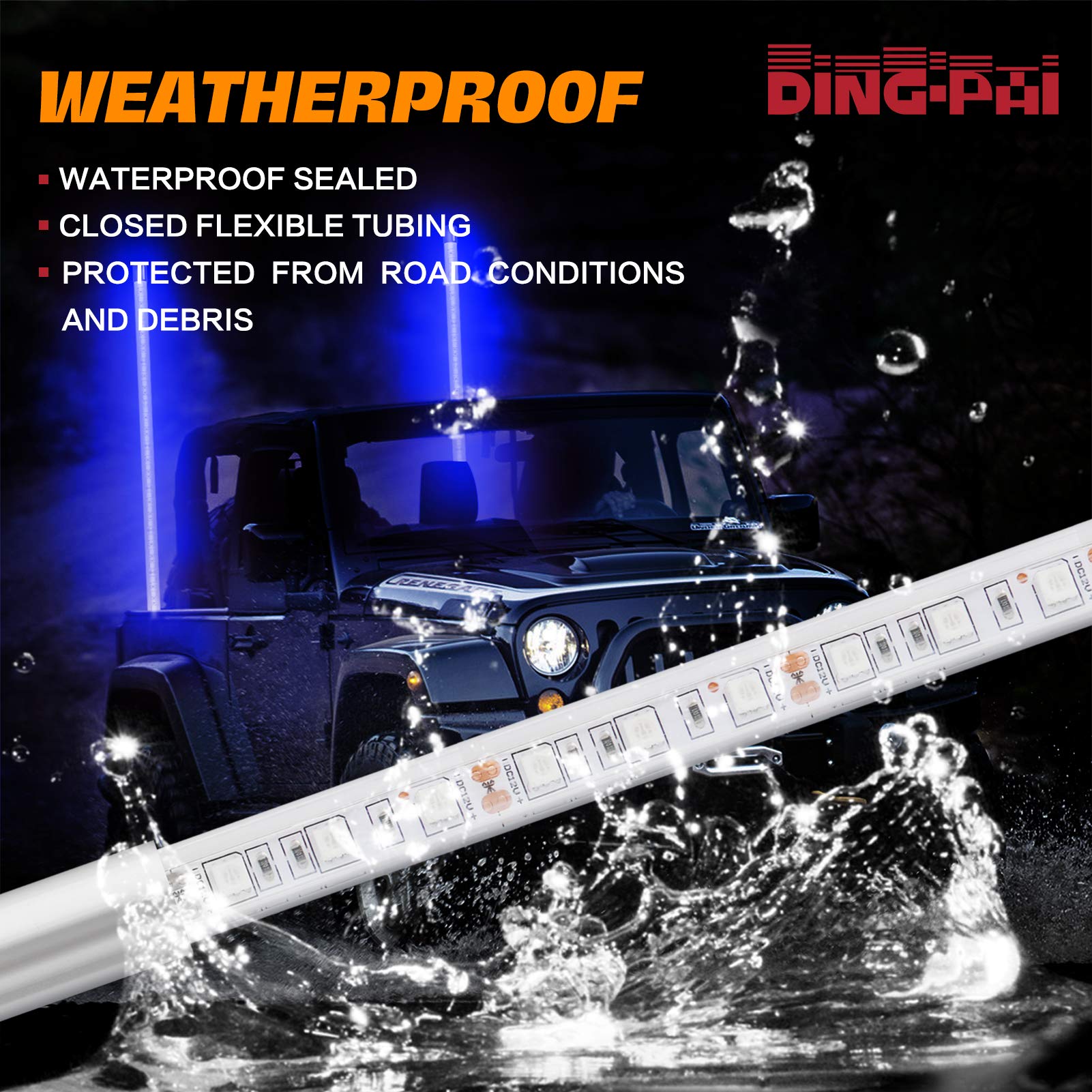 Ding.Pai Led Whip Lights Flag Pole Light Safety Antenna Whips Lamp With Flag For Atv Utv Offroad Sand Dune Buggy Rzr Truck Can 4X4 Side By Side (Blue, 4 Ft - Pack Of 1)…