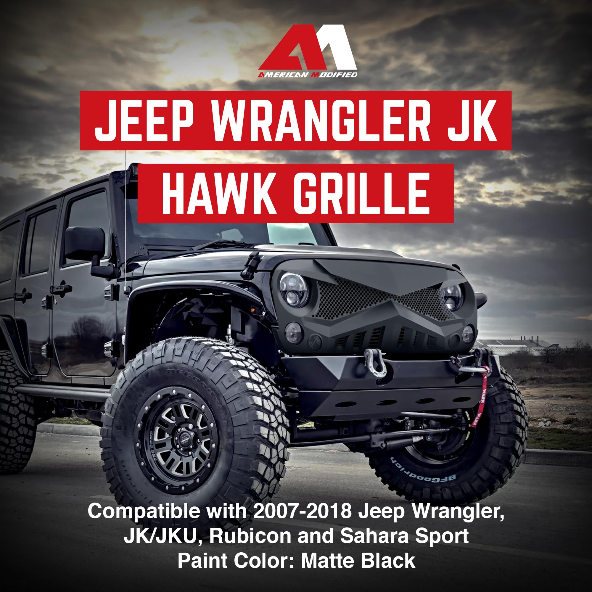 AM AMERICAN MODIFIED Hawke Front Grille Cover for Jeep Wrangler JK/JKU 2007-2018, Matte Black, Durable Plastic, Model AMJPAA00114