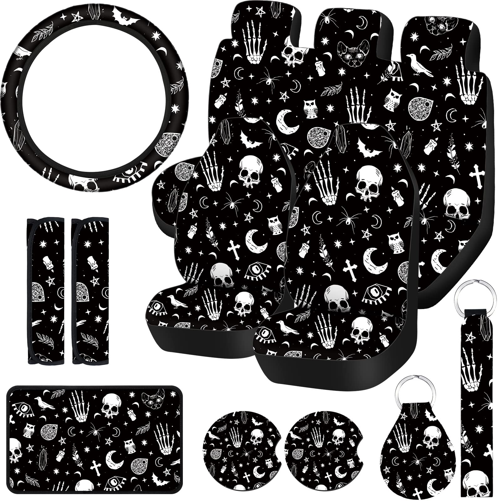 15 Pieces Moon and Stars Car Seat Cover Full Set for Women Men Upgrade Thick Car Front Seat Covers Universal Steering Wheel Cove