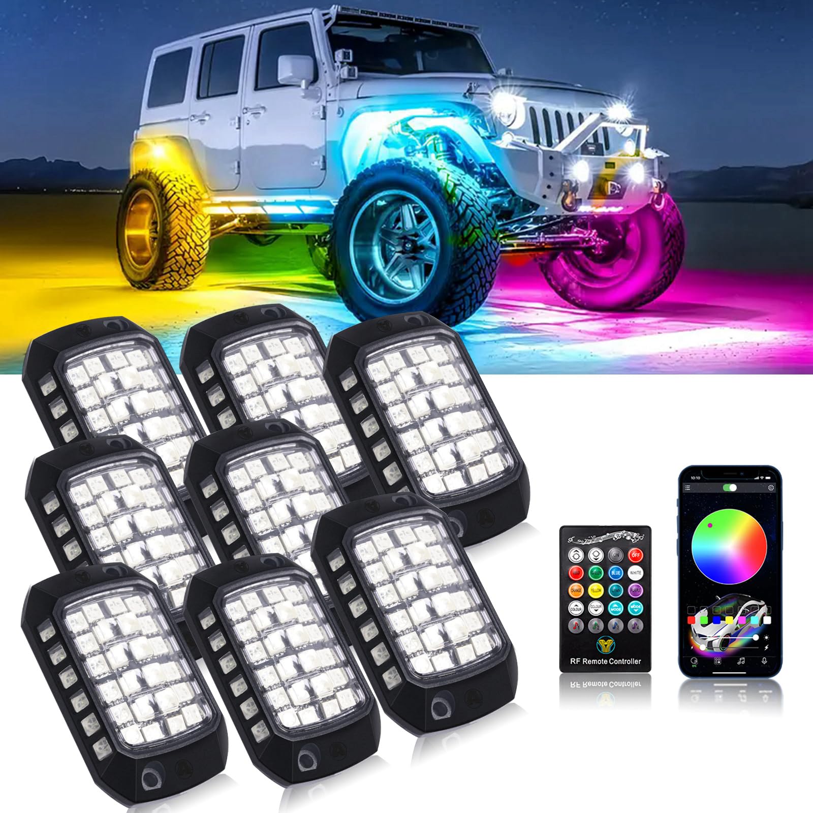 Goodream RGB Rock Lights, 8 Pods 36 LEDs SMD Chips Super Bright App Control Underglow Neon Light Exterior Chassis Wheel Well Glo