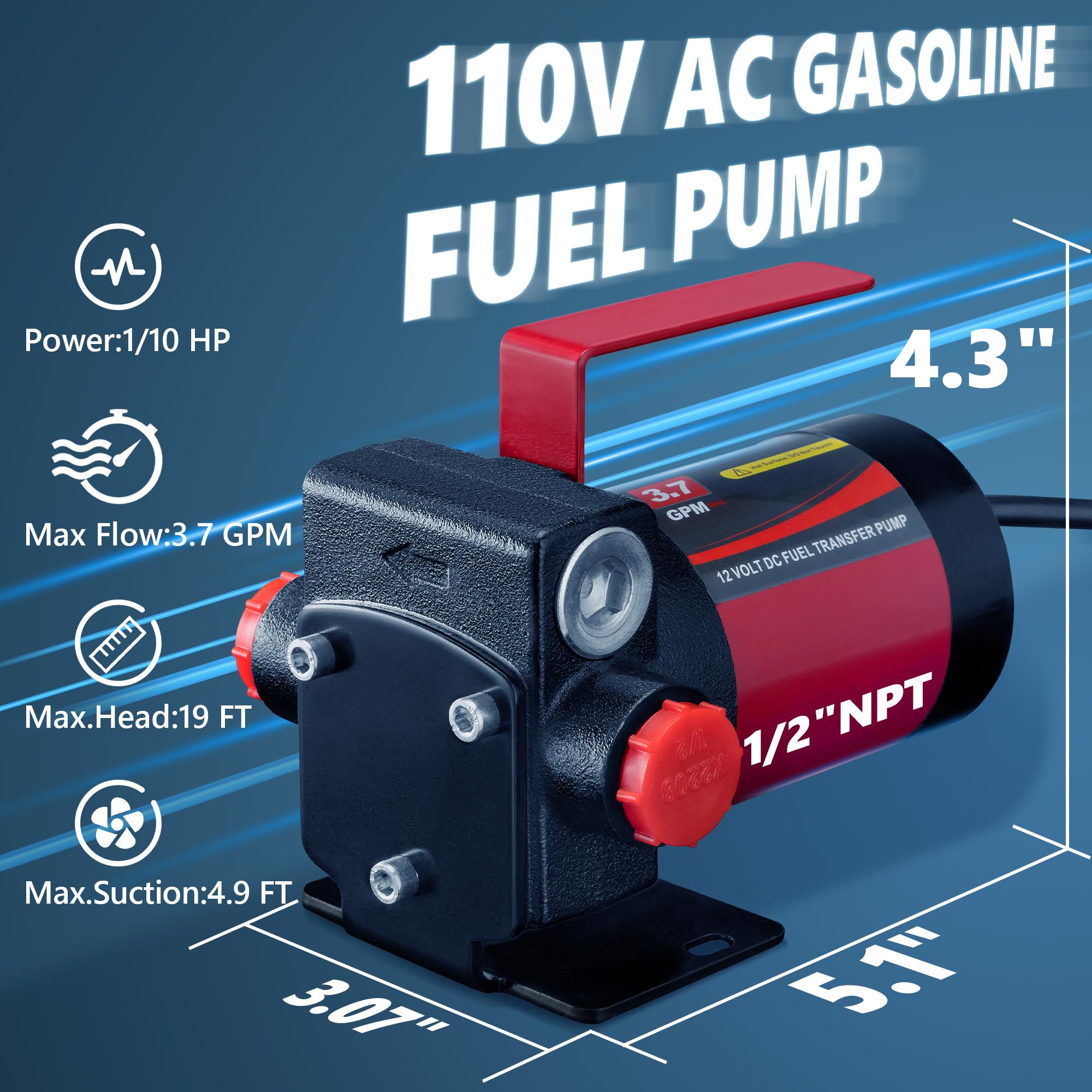 110V Ac Gasoline Fuel Pump, Self-Priming Fuel Transfer Pump, Reversible Pumping, Overheat Protection, Explosion-Proof, Suitable