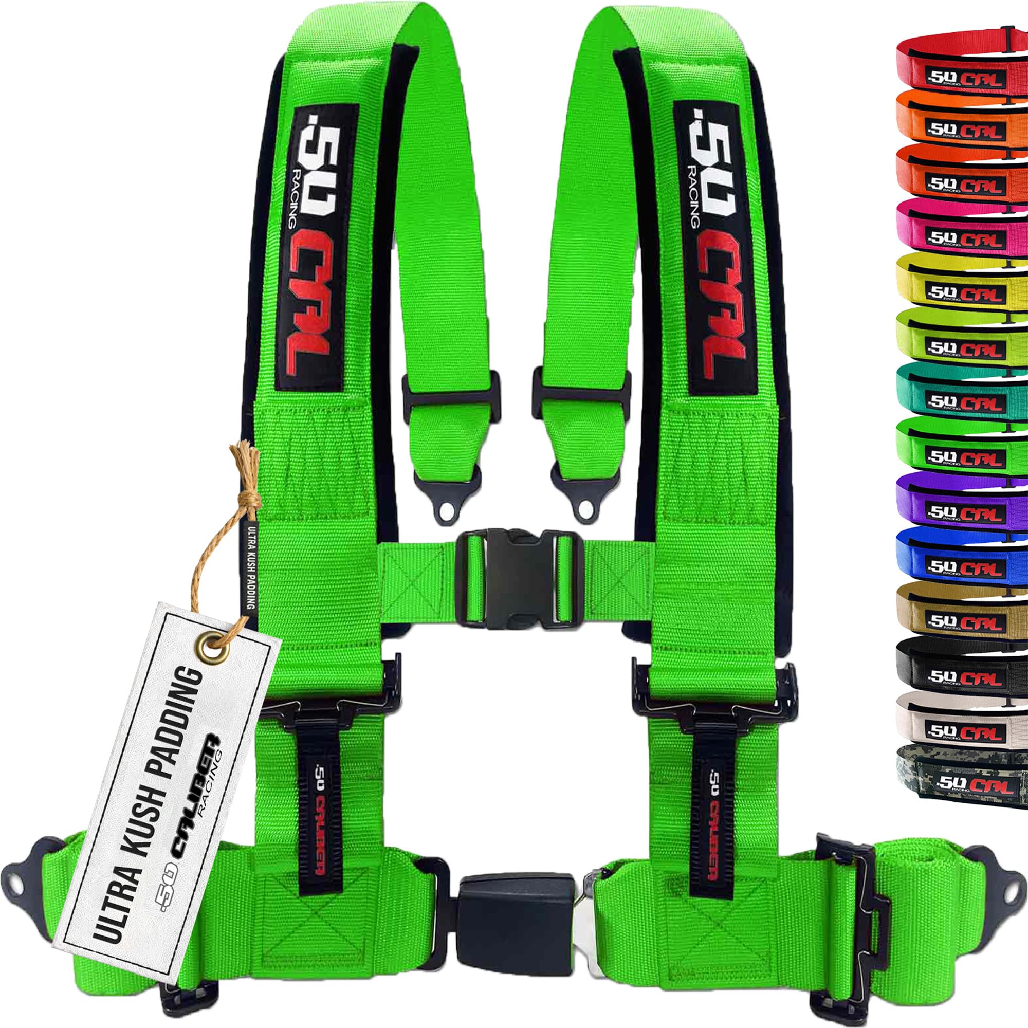 1pc 4 Point Harness for Bucket Seat, Push Release, 10 Color Options, Racing Harness, Race Car, Off Road, UTV, RZR (Green, 2 inch